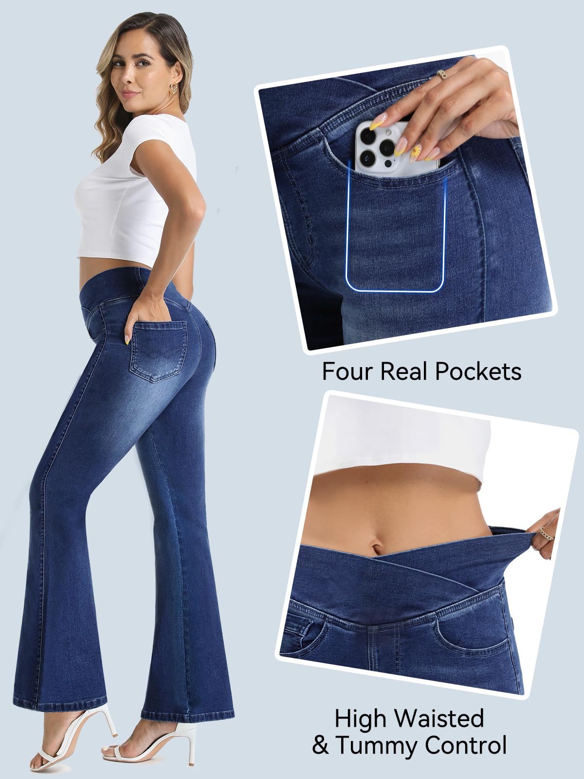 VX VONXURY Flare Jeans Femme Bootcut Élastique Pantalon Taille Haute Effet AmincissantStyle Patte d'Éléphant V-Waist sans Boutons