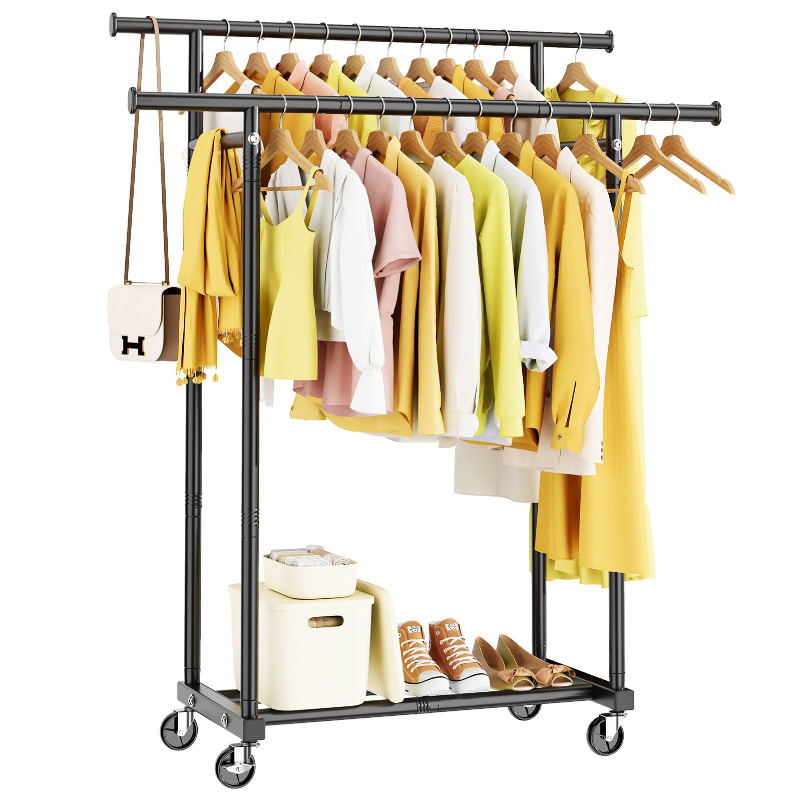 HYSEYYDouble Rods Clothes Rack, Rolling Clothing Rack for Hanging Clothes Portable Wardrobe Rack, Metal Garment Rack Sturdy Coat Rack for Bedroom Laundry Living Room, Black2