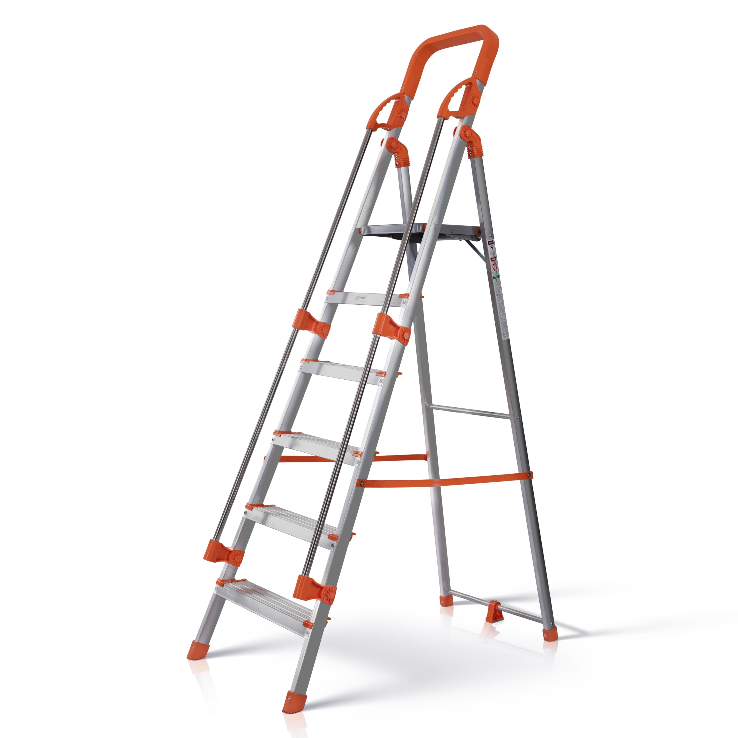 HOUZA Aluminium Ladder for Home 6 Steps Foldable with Railing & Anti-Skid Wide Steps | 6 Step Ladder for Home Use, Kitchen & Household | 250 Kg Load Capacity Folding Ladder | 5 Year Warranty (Orange)