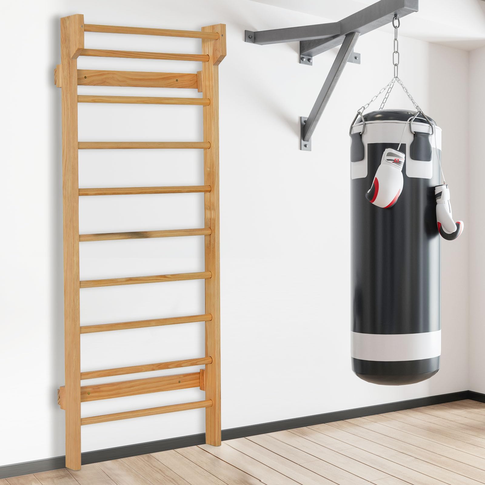 HOMASIS Barra de pared de madera sueca, Escalera para gimnasia y entrenamiento en interiores, pared de escalada para niños y adultos, Capacidad de carga máxima 100 kg, 81x14x195cm, Natural