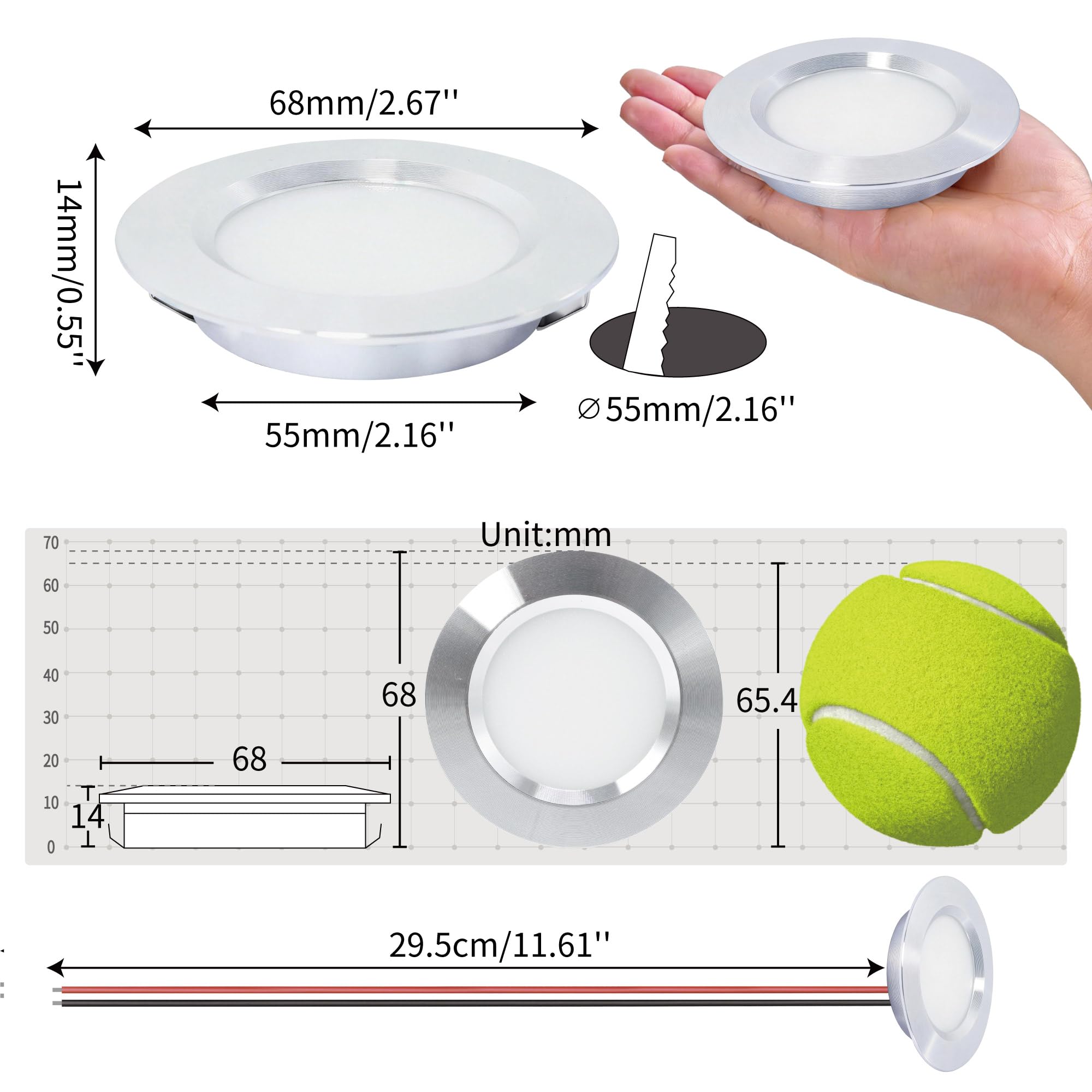 Lot de 6 Spot LED Encastrable Extra Plat 3W 12V, Plafonnier Salle de Bain avec Transformateur 230V, Trou 55-58mm, Argenté Blanc Chaud