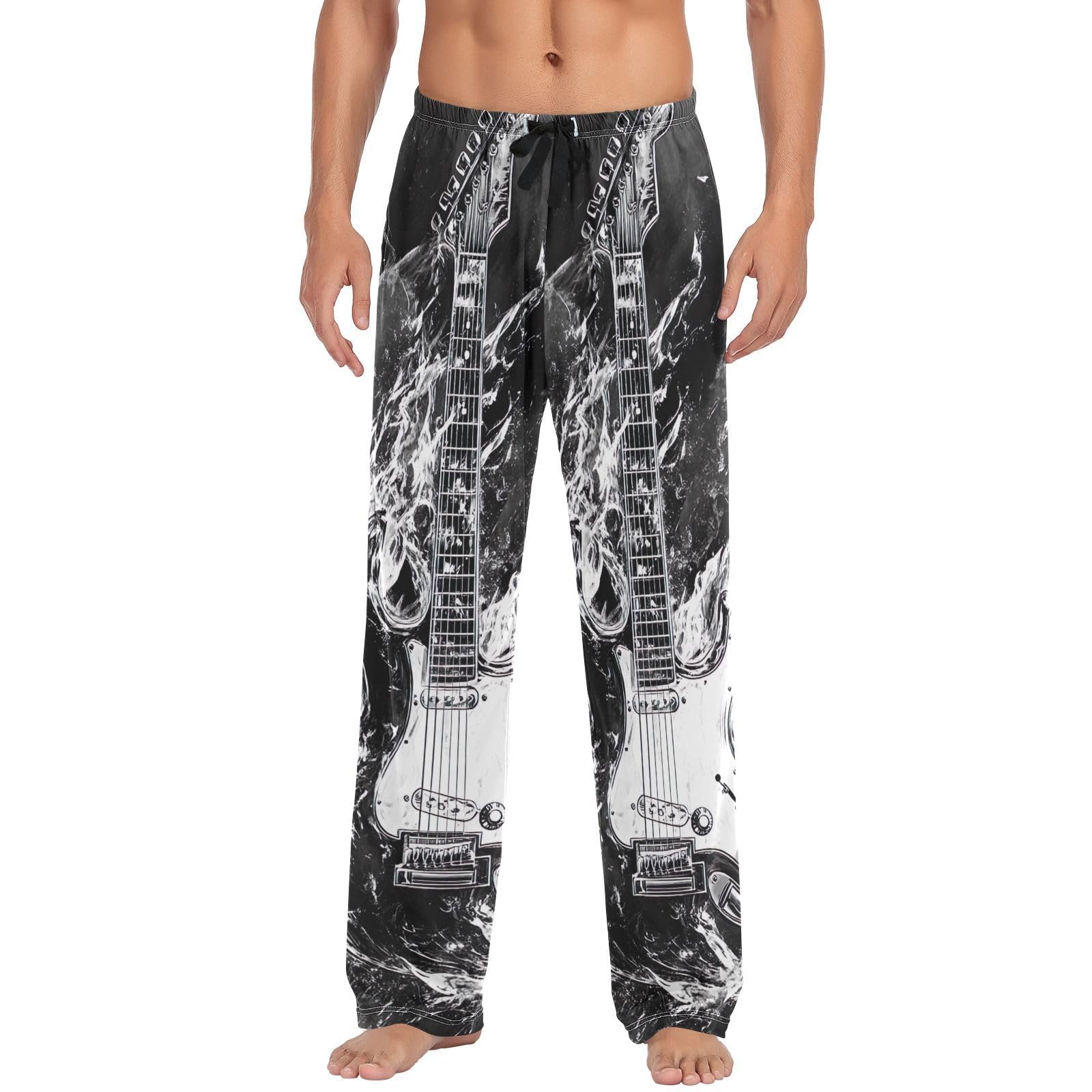 Kwqdozf Men's As Pic Black And White Guitar Pajama Pants Set Sleep & Lounge Pants, Pj Bottoms With Pockets