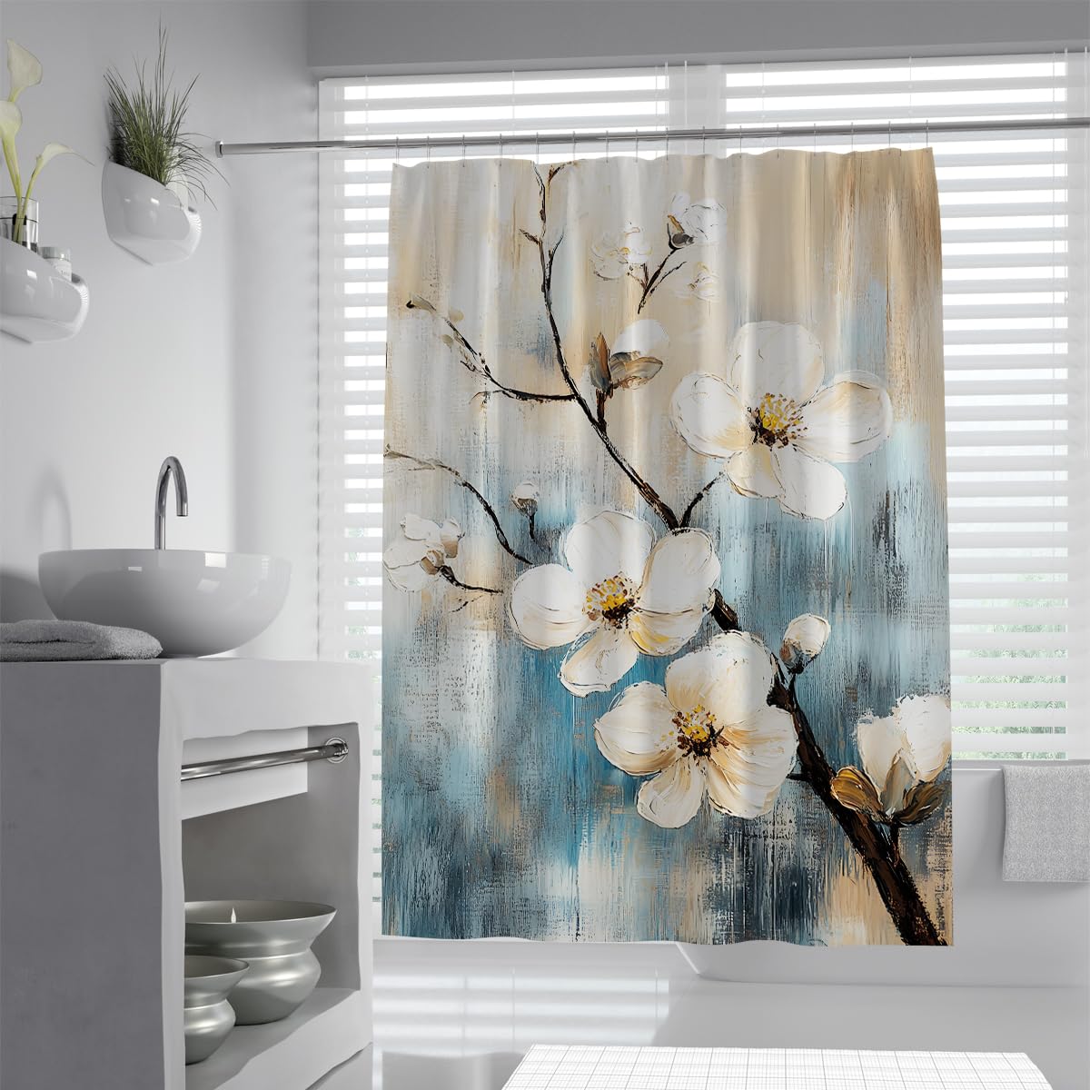 UIRINGART Vintage Magnolia Bath Curtains W180xL220cm Elegant Beige Blue Anti Mould Water Repellent Shower Screen Rustproof Grommets For Bath Tub