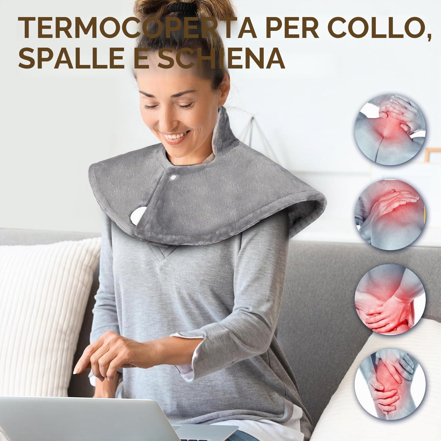 NALONE Termoforo Elettrico per Collo e Spalle 63x100cm, Cuscino Termico con 6 Livelli di Riscaldamento, 4 Timer, Cintura Regolabile, Scaldaschiena in Flanella