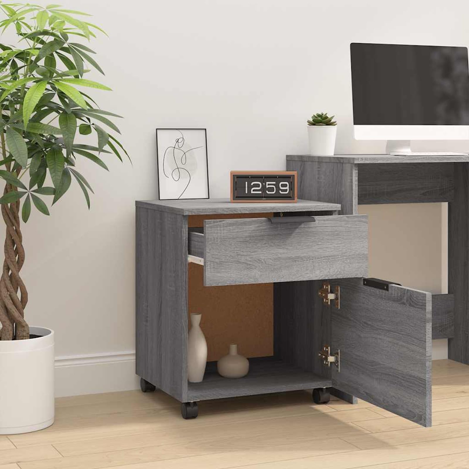 Mobiler Aktenschrank mit feststellbaren Rollen Grau Sonoma 45x38x54 cm Holzwerkstoff Büroorganisation