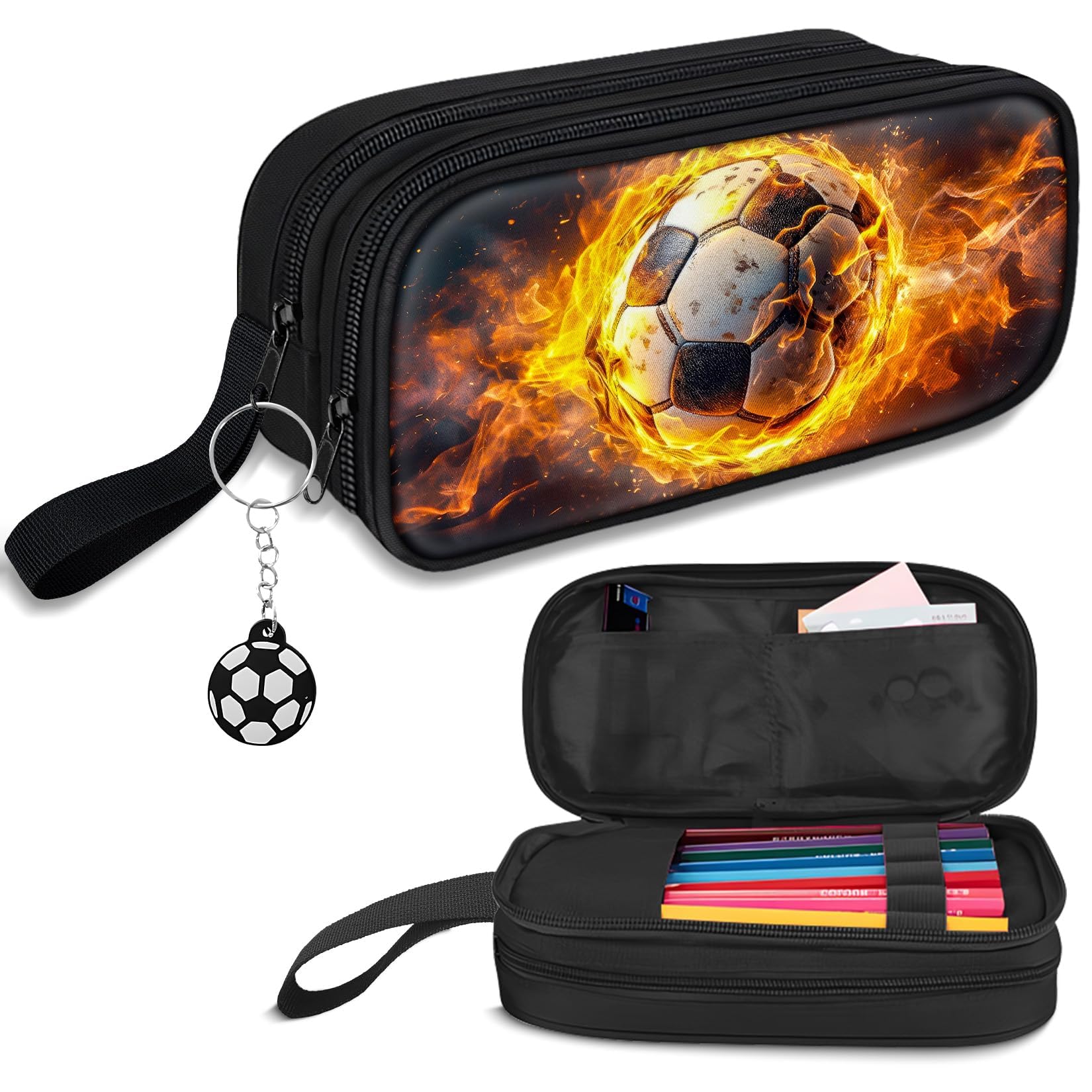 TILYTADLY Estuche grande para niños, estuche para lápices de fútbol con compartimentos con cremallera, organizador de gran capacidad para bolígrafos con llavero para niños, adolescentes y escuela