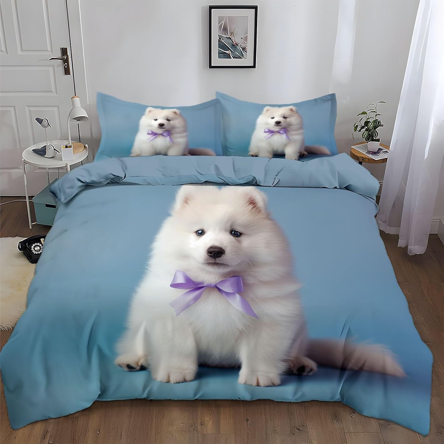 Samoyed Poszewka na kołdrę 225 x 225 cm, poszewka na kołdrę dla psa, 3 szt., dwustronny zestaw pościeli 3D z nadrukiem zwierzęcym, ultramiękki zestaw pościeli ze szczotkowanej mikrofibry, dekoracja