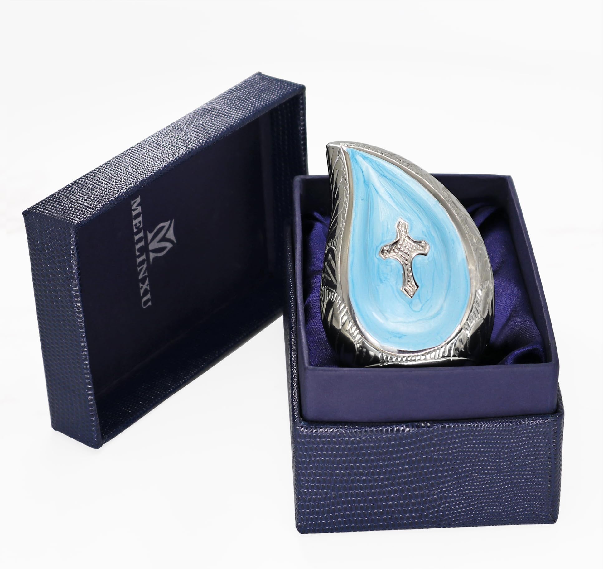 M MEILINXU Small Keepsake Urns for Human Ashes - Mini Cremation Urns for Ashes - Fits a Small Amount of Cremated Remains - Display at Home (Teardrop - Religious Blue Urns - Brass Engraving Cross