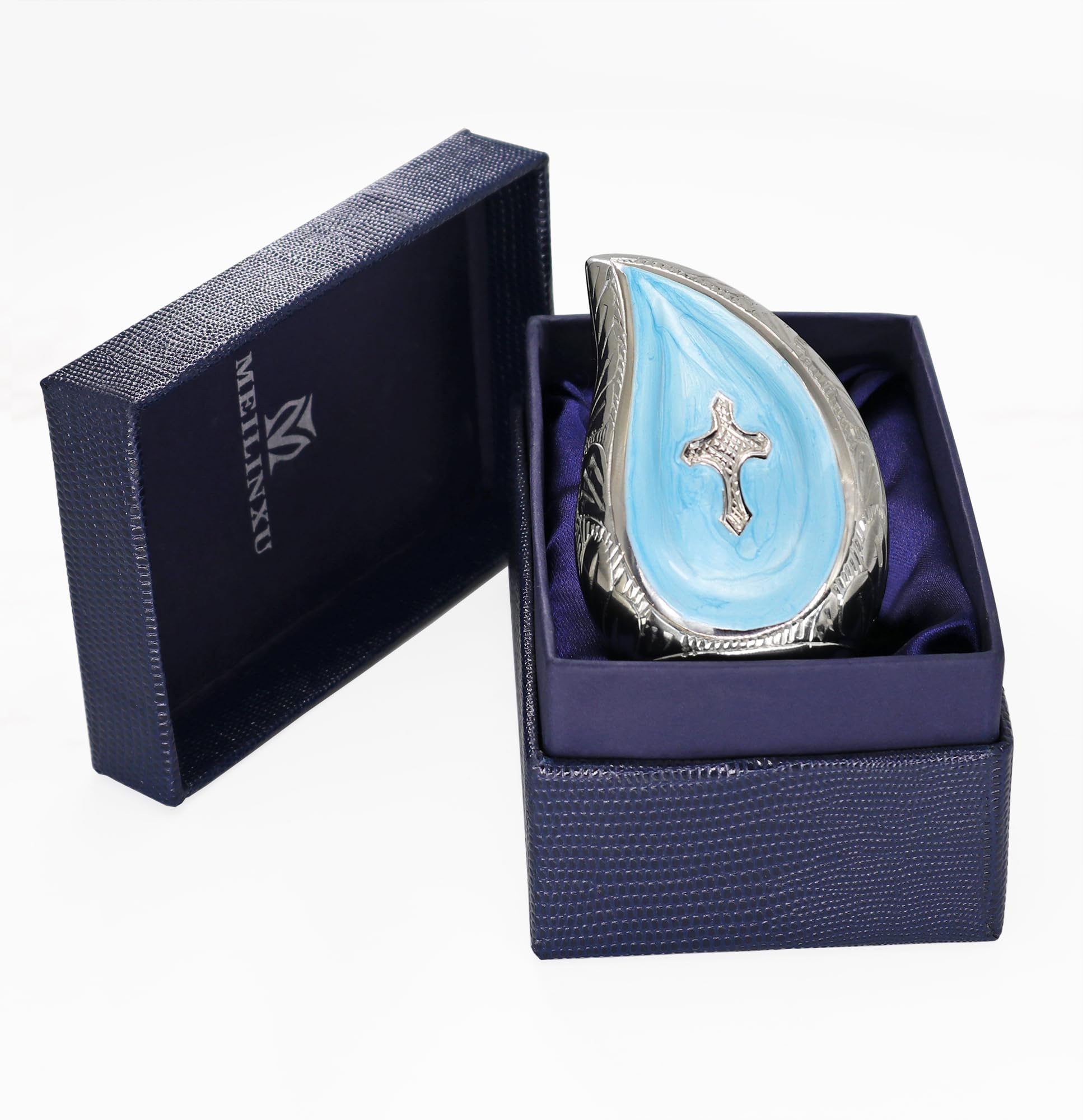 M MEILINXU Small Keepsake Urns for Human Ashes - Mini Cremation Urns for Ashes - Fits a Small Amount of Cremated Remains - Display at Home (Teardrop - Religious Blue Urns - Brass Engraving Cross