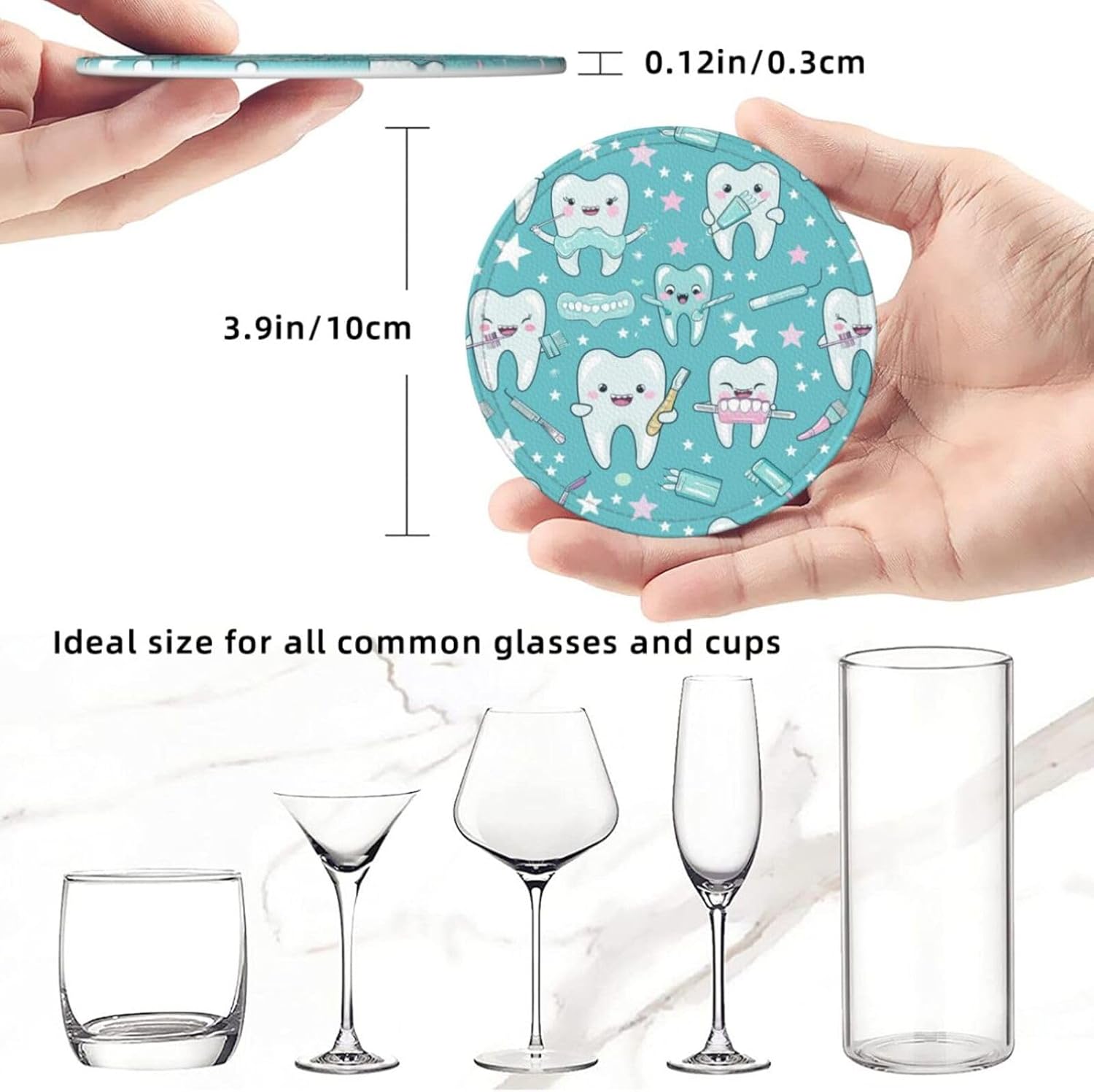 6 Pcs Adorable Cartoon Teeth Leather Coasters for Drinks with Holder Round Mug Mat Table Desk Coasters Set Cup Coasters for Living Room Kitchen Coffee Decor