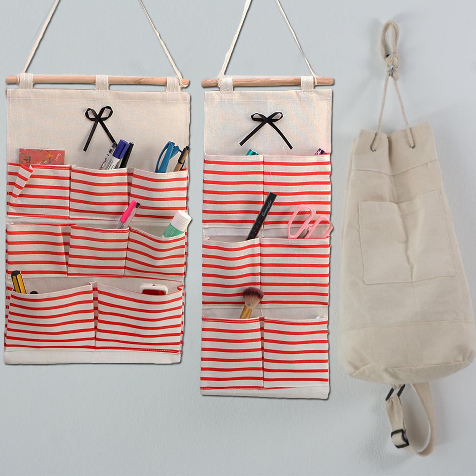 NO 2 Pezzi Borsa Organizer con 6 Tasche, Lino e Cotone Appendere Sacca, Portaoggetti da Parete Borsa Appeso per Casa L'Ufficio del Bagno della Camera (Rosso & Blu