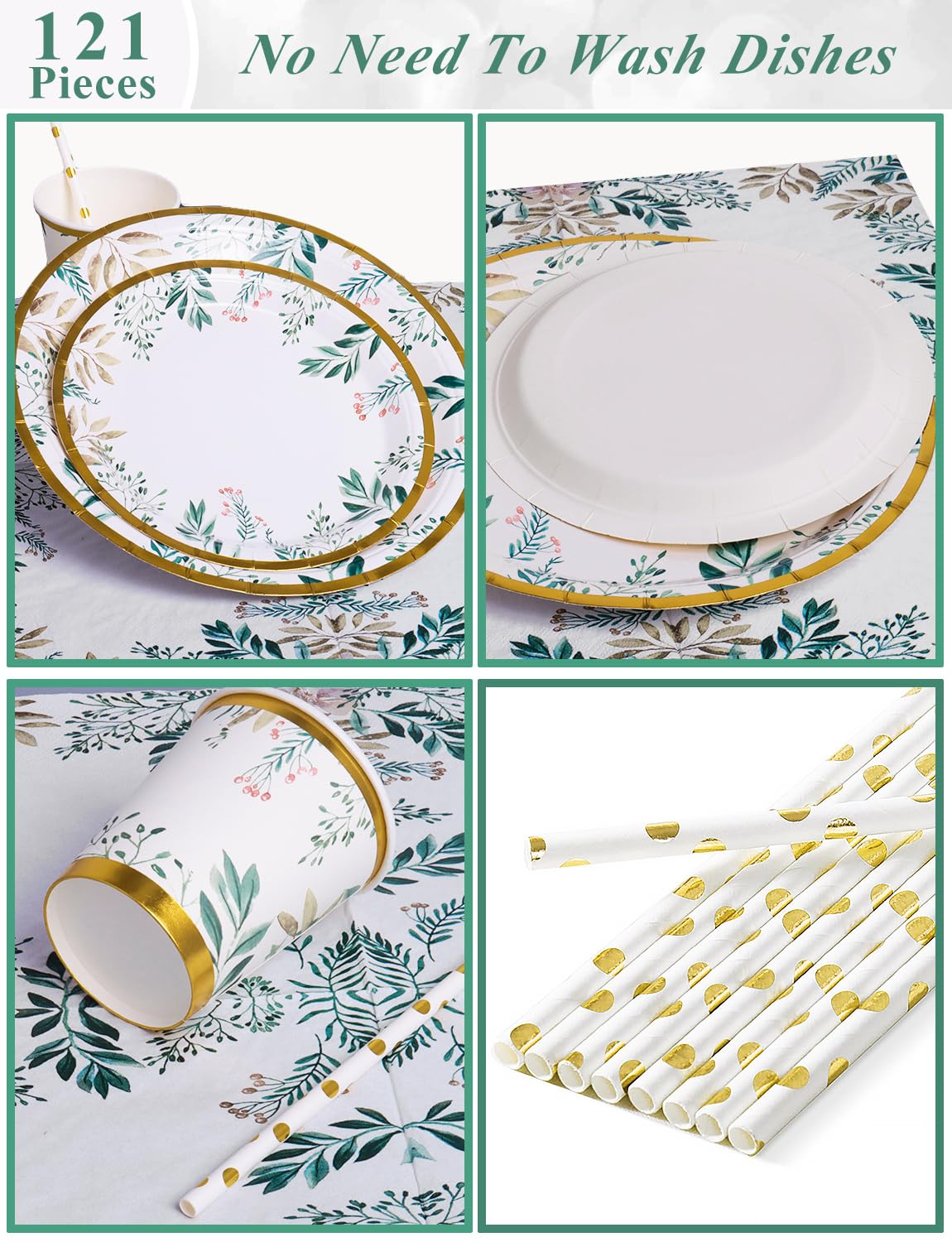 Nkaiso Stoviglie per Feste Verde Salvia 121 Pezzi Piatti Di Carta Verde e Bicchieri, Piatti Per Baby Shower Tazze Tovaglioli, Per Feste Di Compleanno Tea Party Compleanno Matrimoni- 24 Ospiti