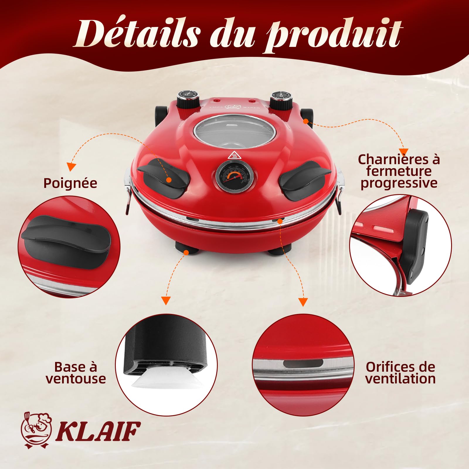 KLAIF Four à Pizza Électrique 420 °C, chaleur supérieure et inférieure réglables séparément, pierre à pizza en céramique 31 cm, 1200 W, four à pizza compact pour la maison, modèle LM-Rouge