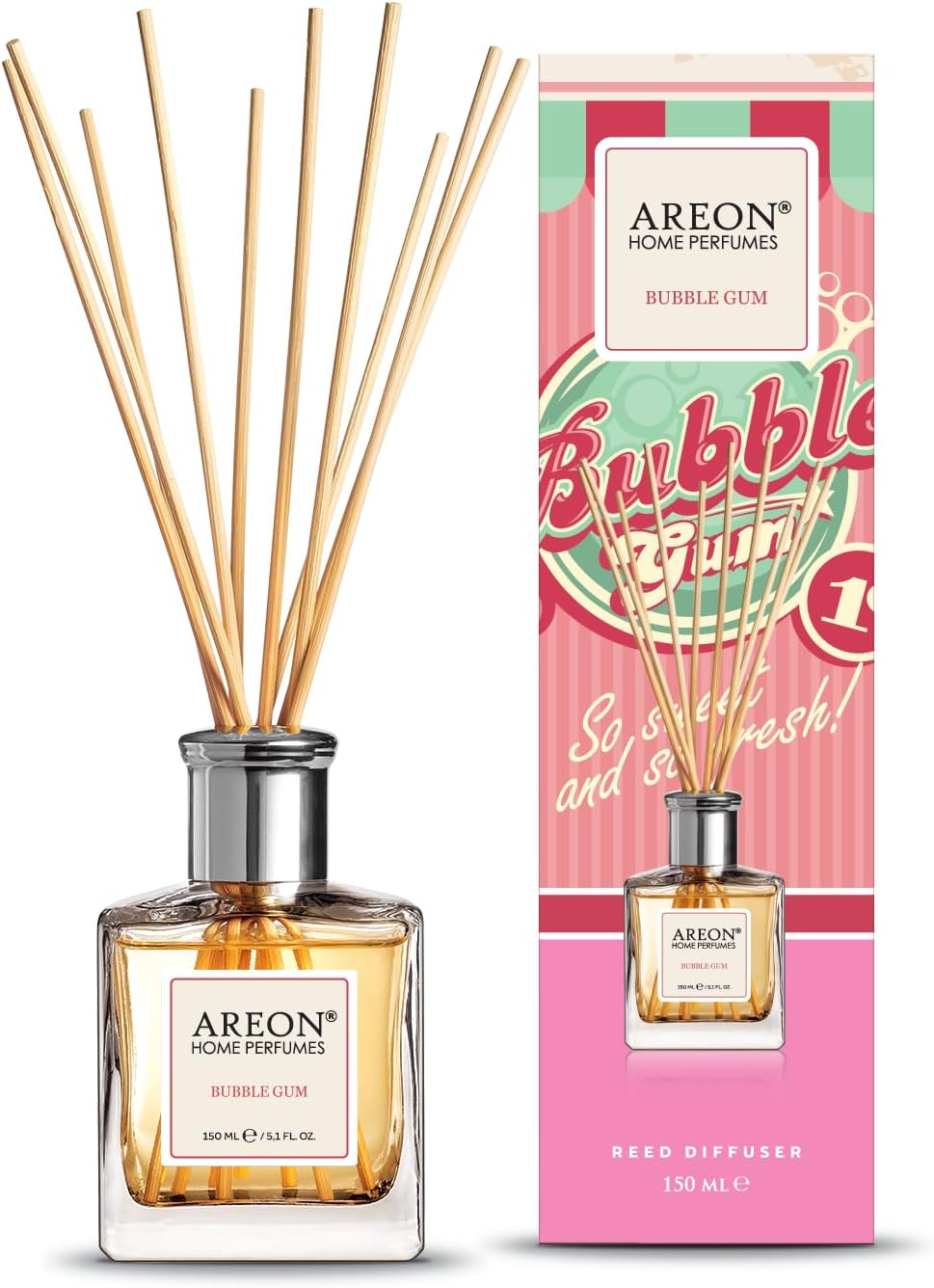 Areon Reed Diffuser/Bubble Gum / 150ml / 1 Pack/Perfume for Home or Office Long Lasting Aroma Reed Stick Kit for Diffuser