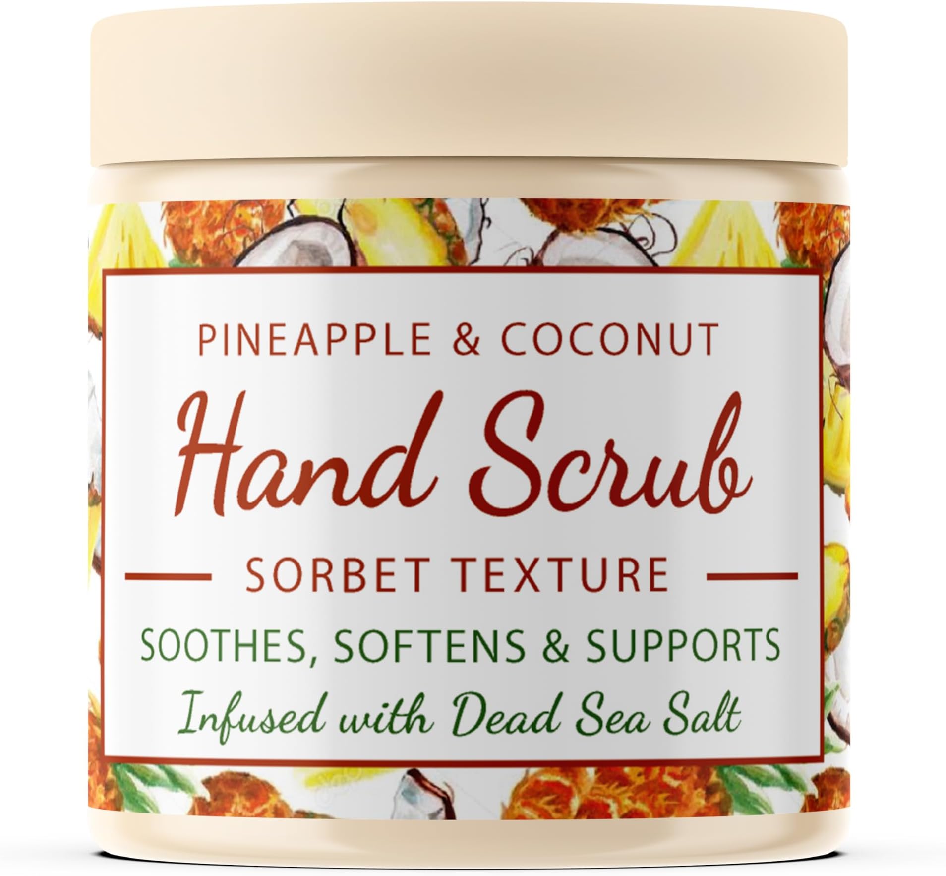 CalmGrace Hand Scrub for Dry Hands | Hand Exfoliating Scrub with Dead Sea Salts & Pineapple Coconut Scent | For Hands with Sorbet Texture | 10.5oz | Fortified with Avocado Oil, Vitamin E, C