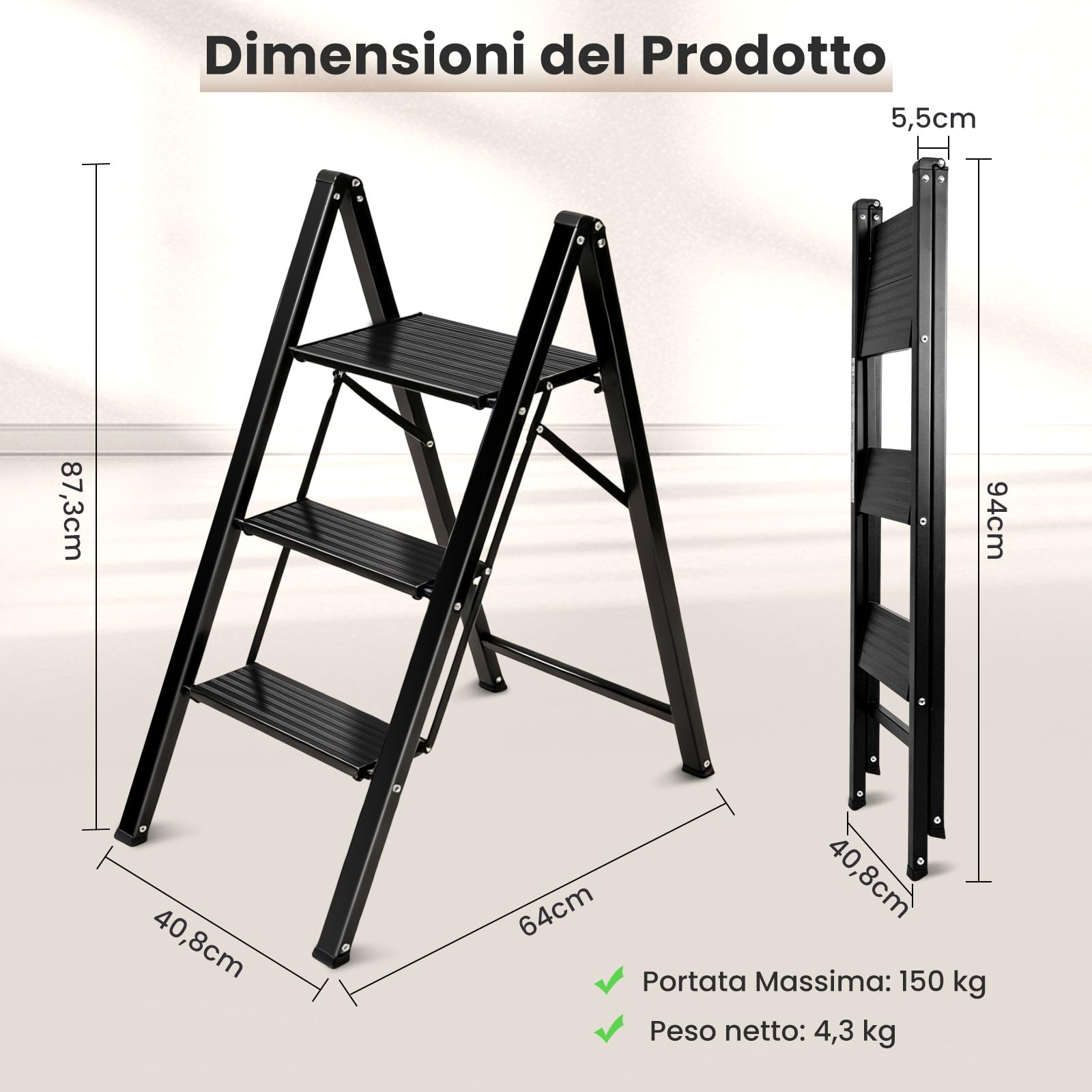 Sekey Scala in Alluminio Pieghevole 3 Gradini, Struttura in Acciaio con Gradini in Alluminio Antiscivoli, Leggera per Uso Domestico e Cucina, TÜV & SGS EN131 EN14183, Portata Massima 150 Kg, Nero