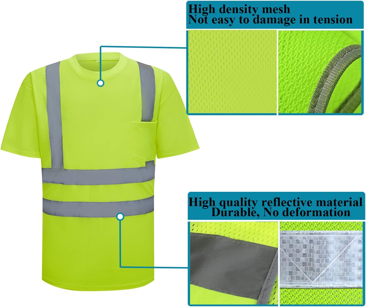 SIFE High Visibility Reflective T-Shirt with Hi Vis ANSI Reflective Strip Safety Lime Yellow Short Sleeve - Image 2