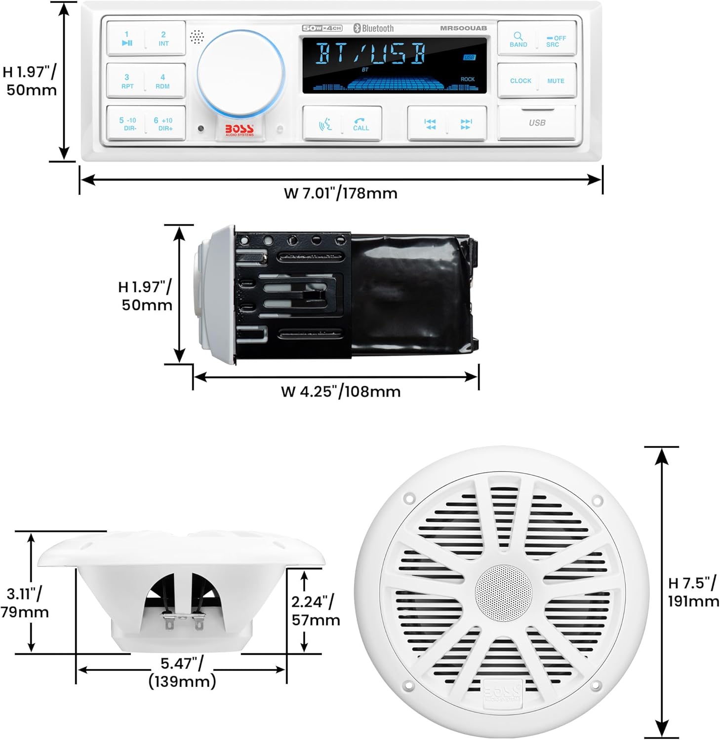 BOSS Audio Systems MCK500WB.6 Marine Receiver & Speaker Package - Weatherproof, Bluetooth Audio, USB, MP3, AM/FM, Aux-in, 6.5 Inch Speakers, Marine Dipole Antenna