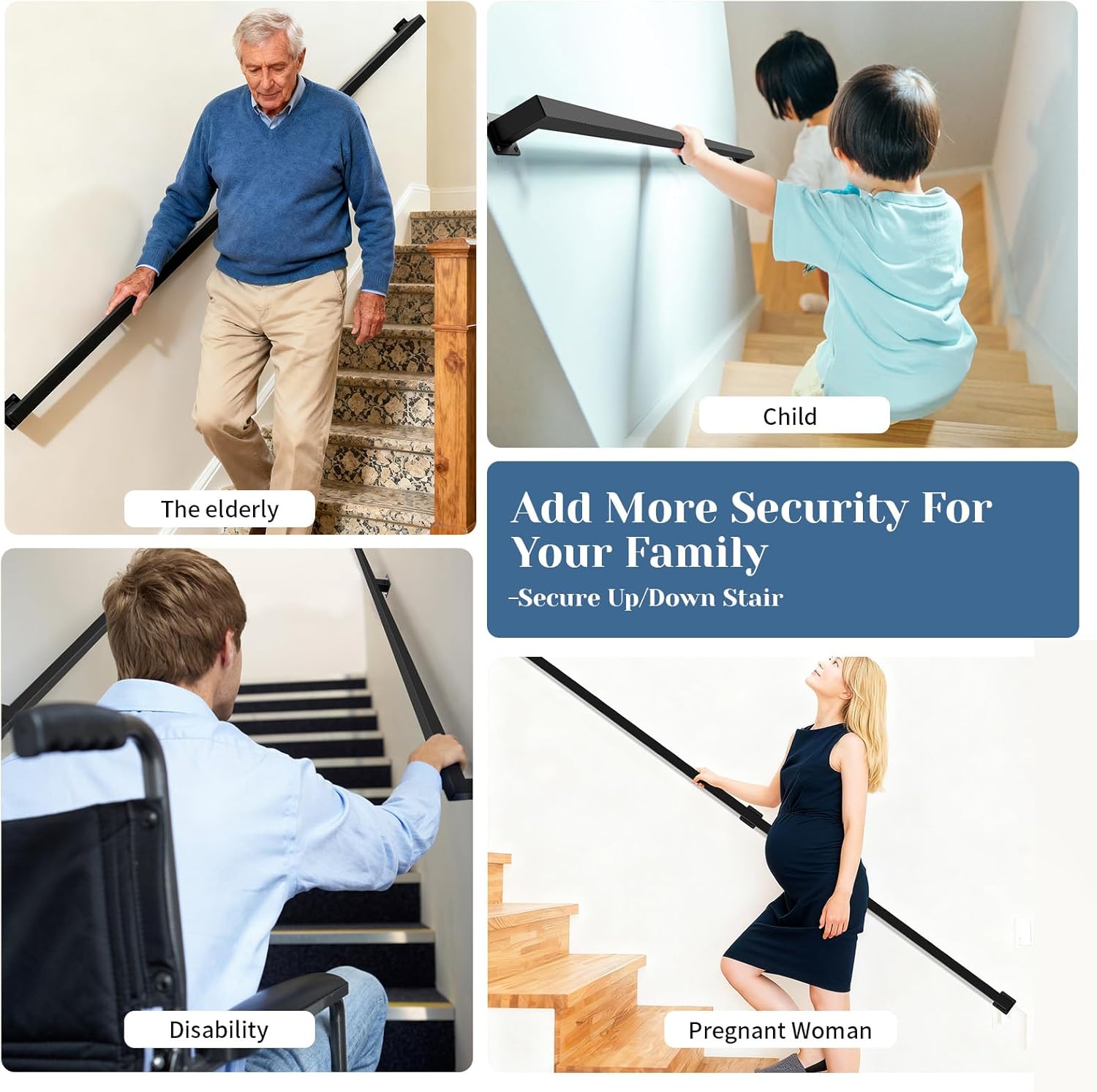 Wall Handrail 12FT,Black Industrial Staircase Railing,Pipe Handrails for Indoor Stairs,Wall Mounted Stair Handrail,Industrial Hand Rail for Steps