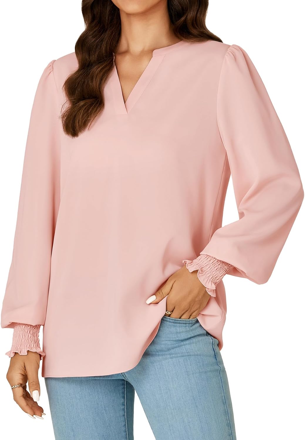 Rooscier Women's V Neck Puff Flounce Long Sleeve Dressy Casual Tunic Blouse Top - Image 3
