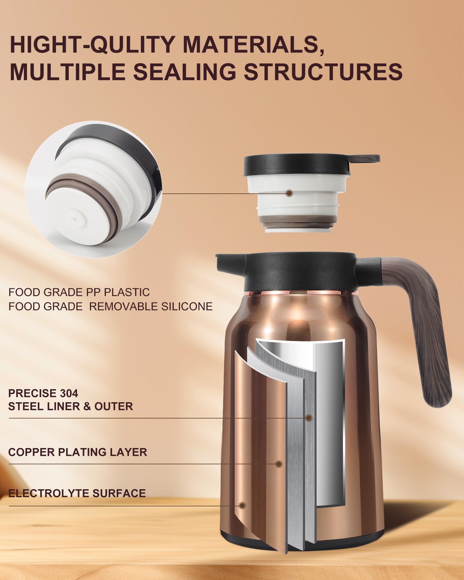 Jarras para líquidos calientes, 2 jarras de café térmicas aisladas al vacío de acero inoxidable para mantener el calor durante 12 horas, dispensador de café de 1.5 litros (dorado/dorado)
