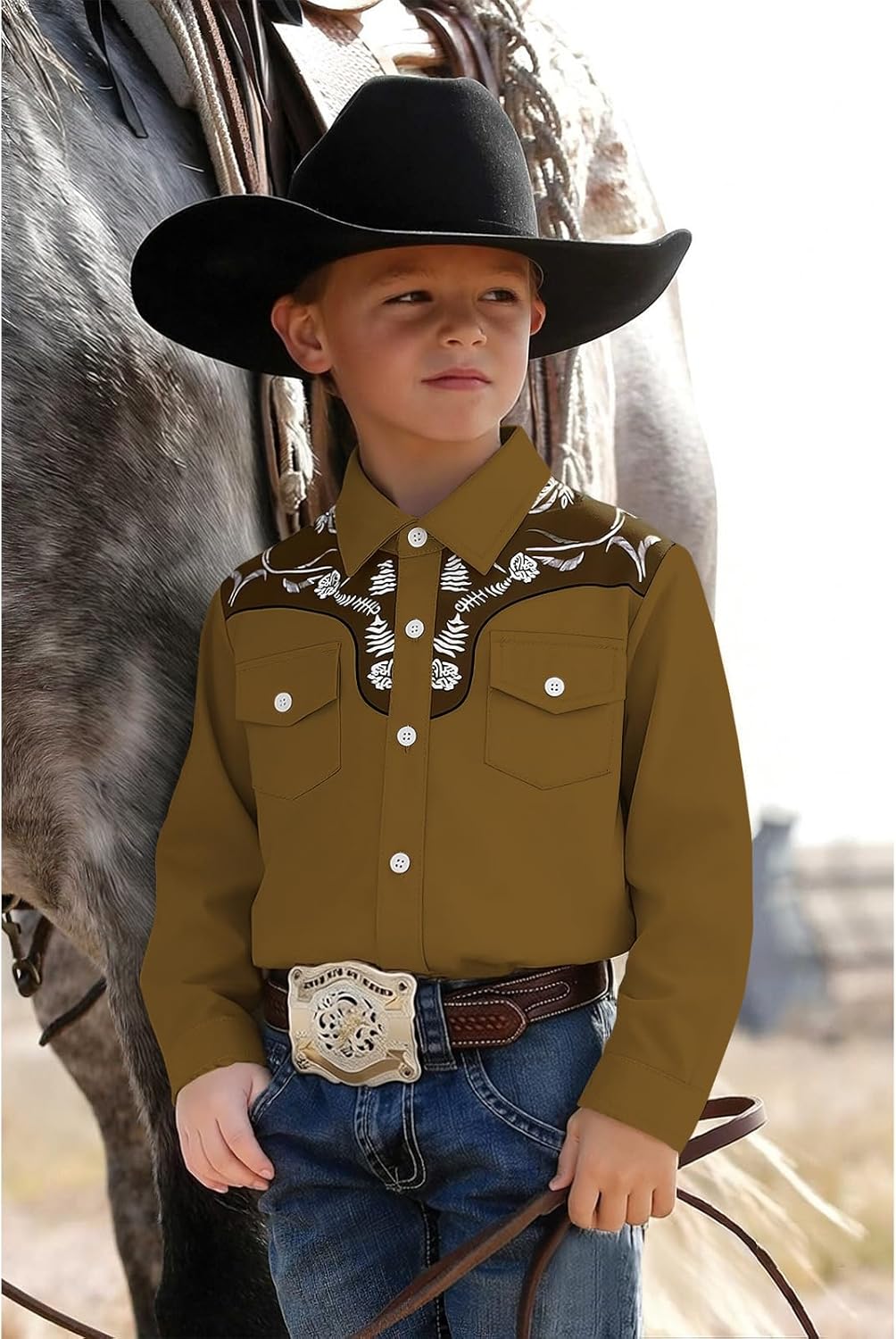 KEKEMI Kid Toddler Boys Cowboy Shirts Western Retro Button-Down Shirt Rodeo Party Long Sleeve Tops with Two Pockets Clothes - Image 5