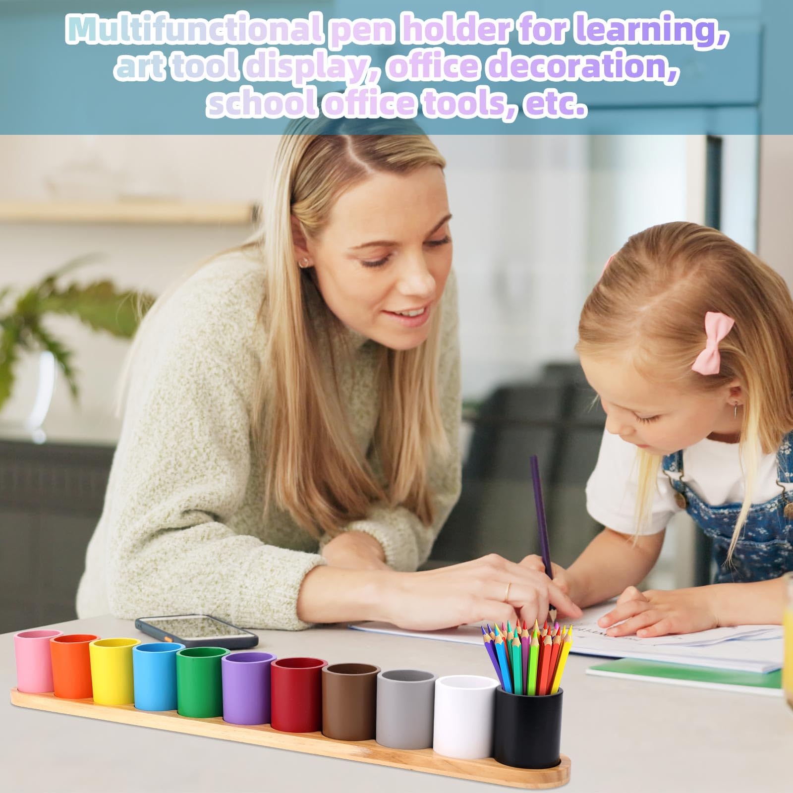 Pot à Crayons de Couleur en Bois, Pot à Crayons Pots Crayon de Couleur en Bois avec 11 Compartiments Amovibles Pots Crayon pour Bureau d'Enfants Fournitures Scolaires Domicile