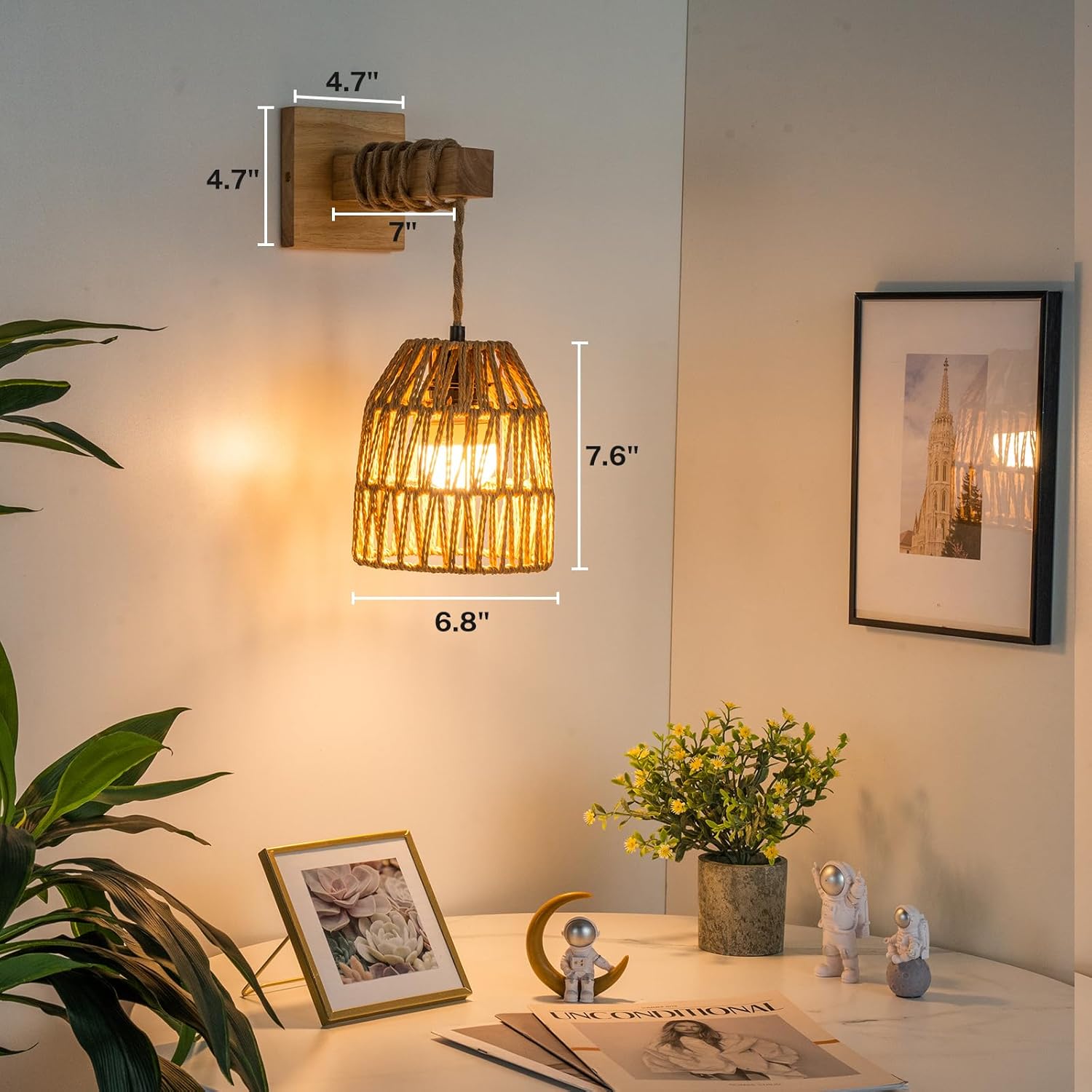 Wall Sconces Set of Two Battery Operated, Rattan Boho Wall Sconce, Rechargeable Woven Lantern Wireless Light/Lamp for Bedroom Home Decor