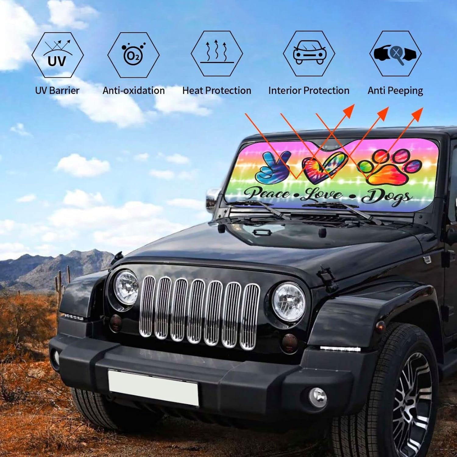 Rainbow Peace Love Paws Dogs Colorful Tie Tye Windshield Sun Shade Front Protector Folding Car Sun Visor Blocks Uv Rays Keeps Your Vehicle Cool