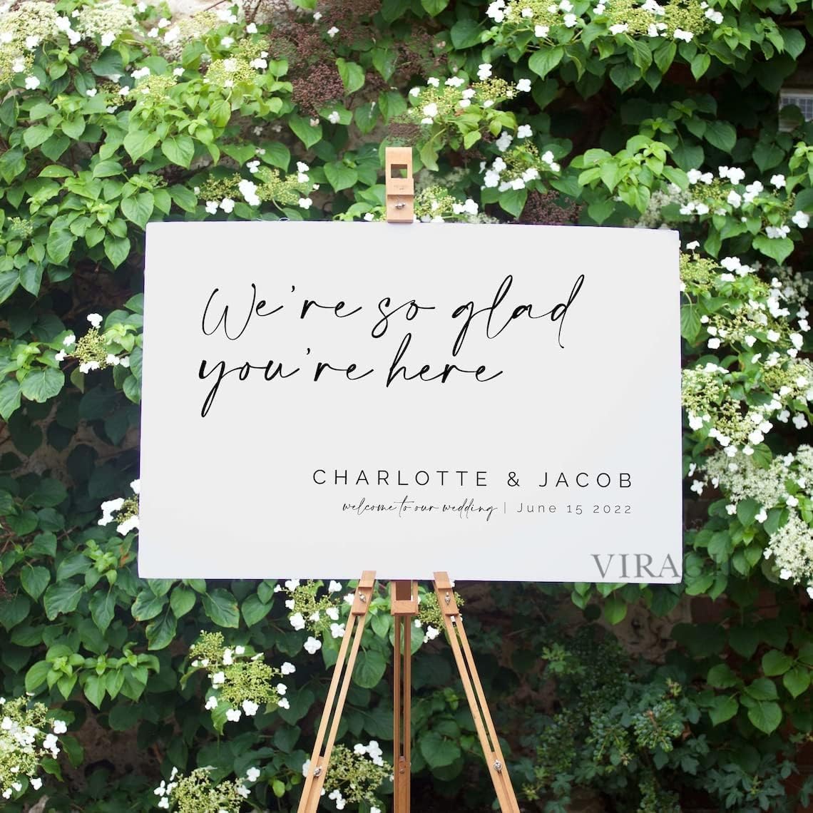 Personalized Wedding Welcome Sign, We're So Glad You're Here, 12x18 inch Plastic Sign