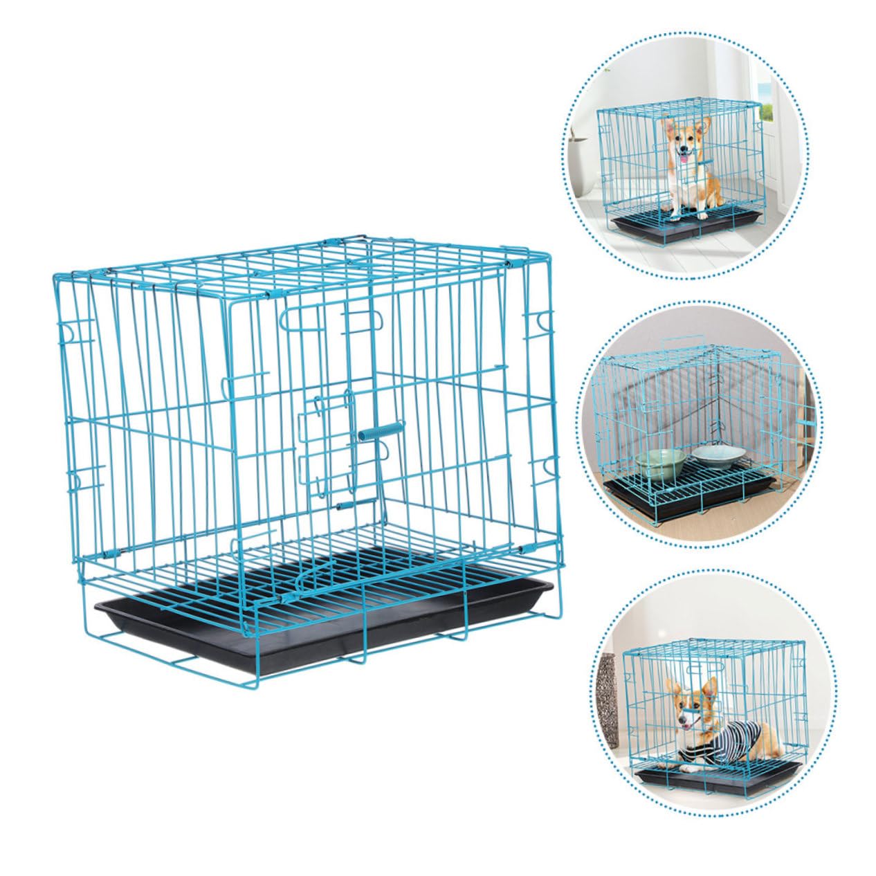 Gabbia Portatile per Gatti e Conigli in Ferro Verniciato Blu con Vassoio Trasportino Traspirante e Sicuro per Viaggi e Attività all Aperto