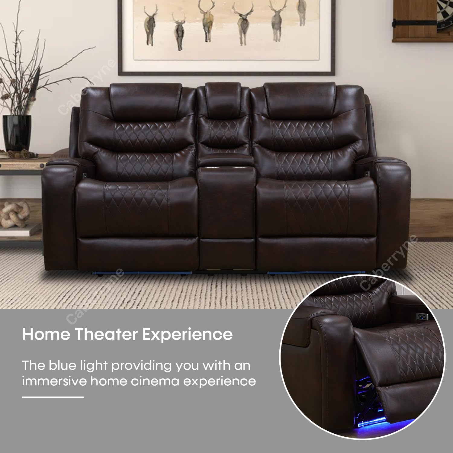 Power Recliner Sofa Set with LED Lights,Leather Double Recliner Loveseat with Charge Port/Storage Console/Cup Holder for Living Room/Office/Home Theater(Loveseat 1PC,Dark Brown)