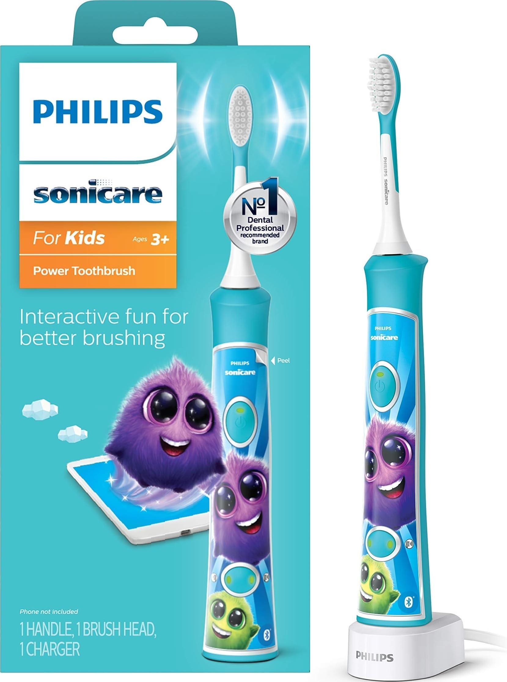 for Kids 3+ Bluetooth Connected Rechargeable Electric Power Toothbrush, Interactive for Better Brushing, Turquoise, HX6321/02 | 2 Intensities, App Connected, 2-Minute Guided Timer, Includes Brush Head, Turquoise, HX6321/02