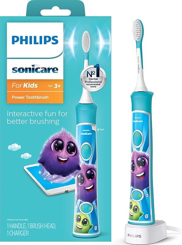 para niños 3+ cepillo de dientes eléctrico recargable conectado por Bluetooth, interactivo para un mejor cepillado, turquesa, HX6321/02 | 2 intensidades, aplicación conectada, temporizador guiado de 2 minutos, incluye cabezal de cepillo, turquesa, HX6321/02