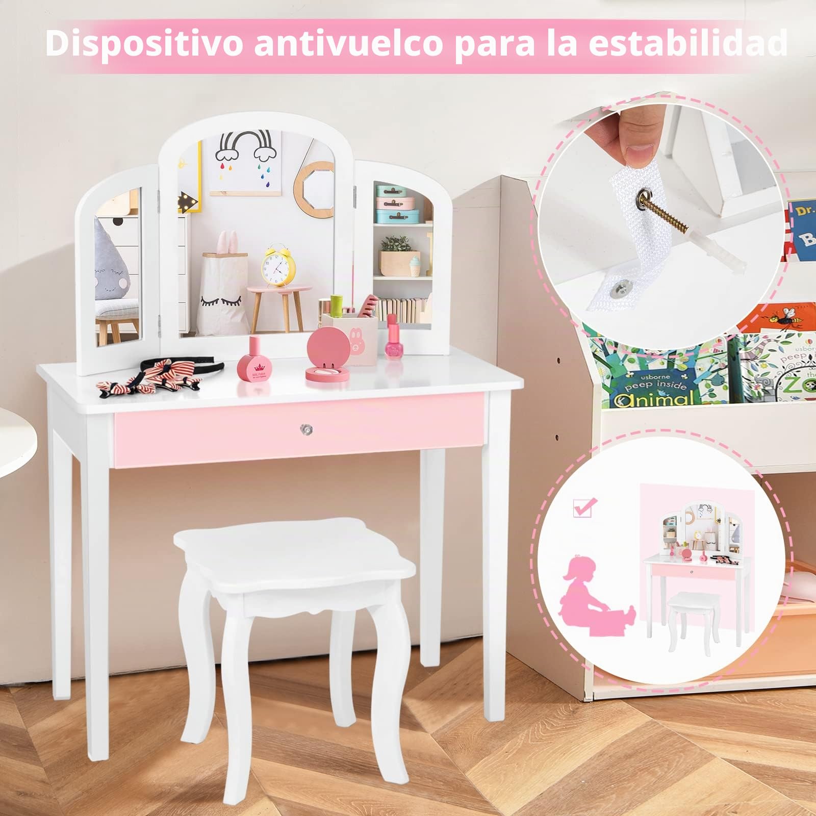 RELAX4LIFE 2 en 1 Tocador de Maquillaje Niña con Taburete y 3 Espejos Extraíbles, Tocaodr Infantil y Escritorio Niña de Madera con Cajón, Maquillaje Niña (Blanco)