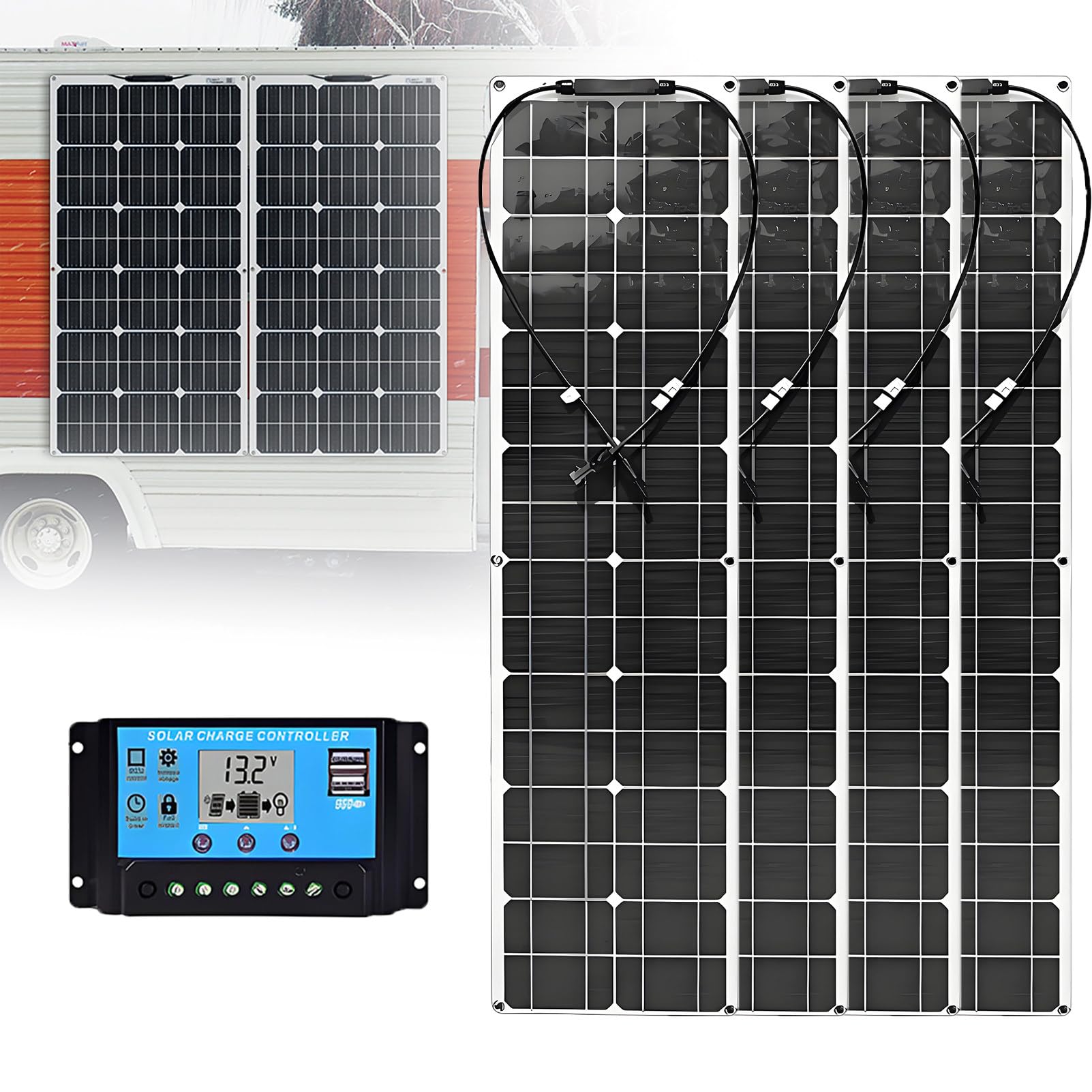 Kit Pannello Solare 400 W Modulo Fotovoltaico Flessibile Monocristallino 12 V/24 V off-Grid con Connettore Solare 40 A per Camper Roulotte Barche Tetti E Superfici Irregolari 4 * 400W