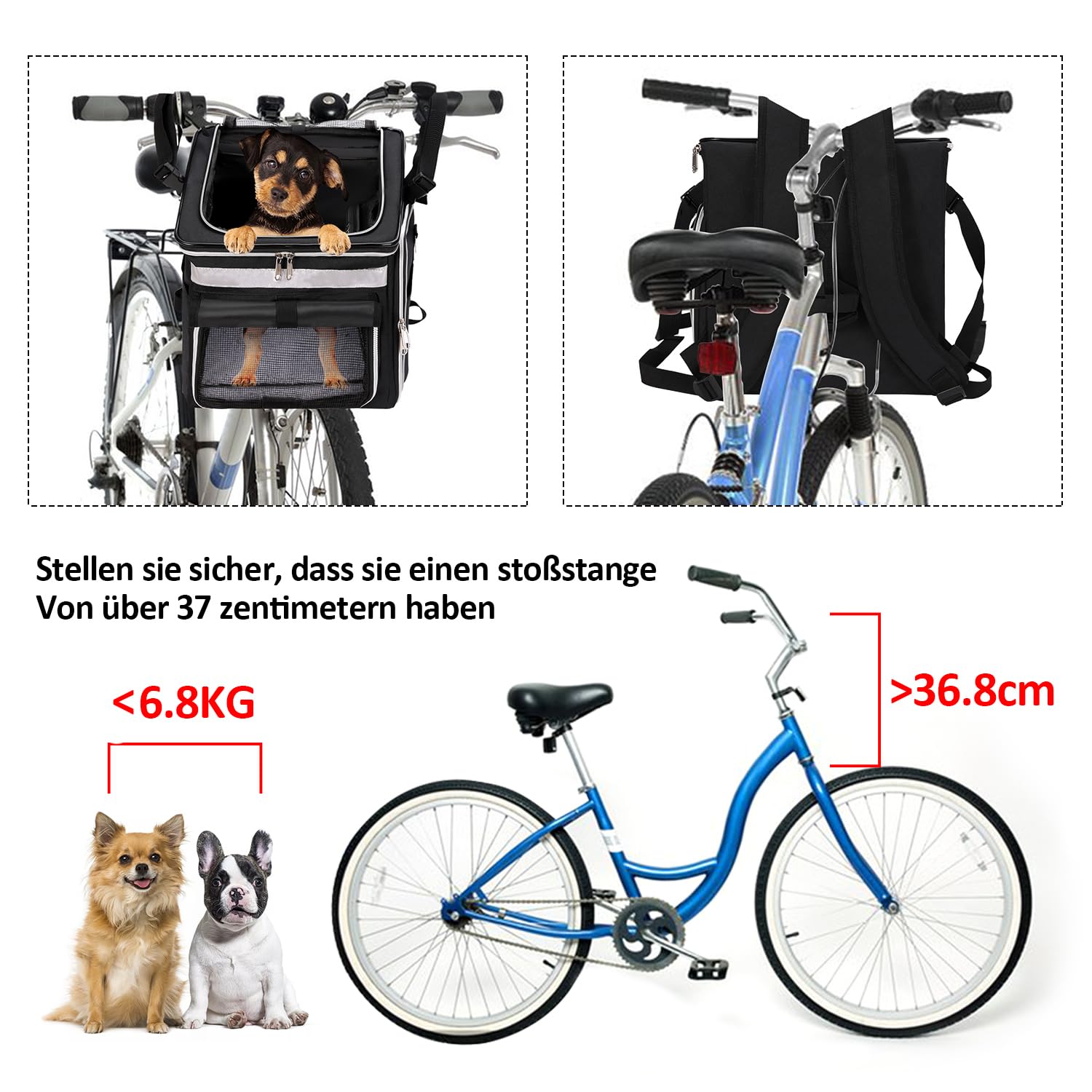 Haustier Fahrradtasche für Hunde Katzen, Haustier Rucksäke mit Vorne Atmungsaktiv Netzfenster, Faltbarer Raum Tragetasche für Kleine Mittlere Hunde und Katzen 6kg (Schwarz)