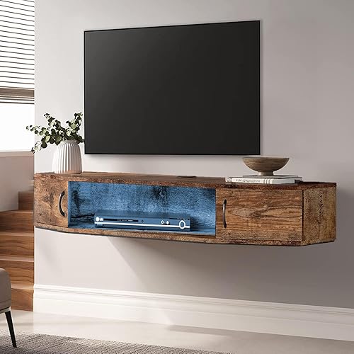 Miniatura 9 de FITUEYES Soporte de TV flotante con luces LED azules, centro de entretenimiento montado en la pared, almacenamiento de consola multimedia de madera,