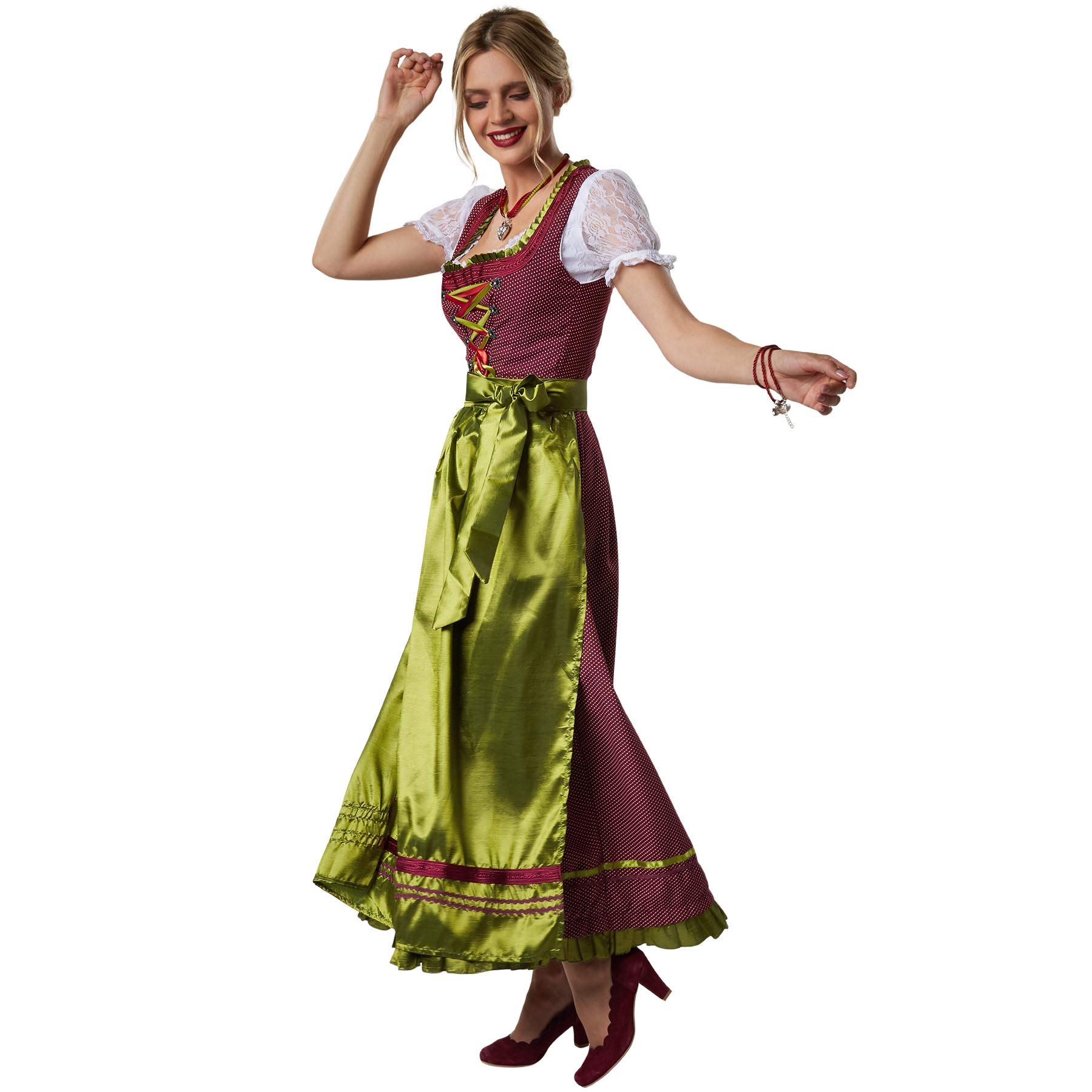 dressforfun Dirndl Damen Lang, Maxi Trachtenkleid mit Strasssteinen, feiner Schnürung, Rüschen-Ausschnitt und Zierborte, Trachtenrock Damen mit Schürze, Dirndl lang für Oktoberfest, rot/grün