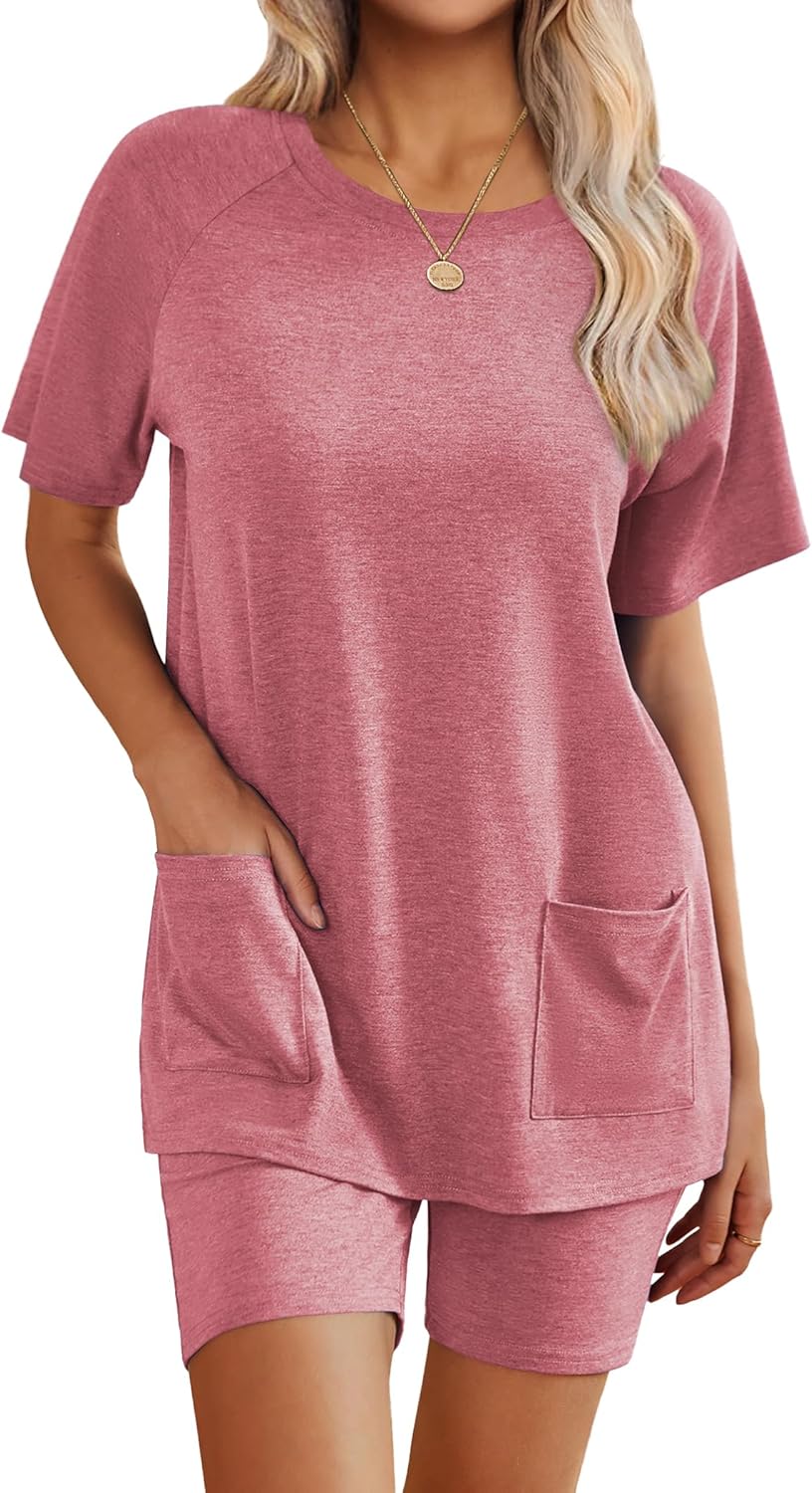 Ekouaer Two Piece Sets for Women Summer Outfits 2026 Lounge Set Crew Neck Tshirts Biker Short Sweatsuit with Pocket