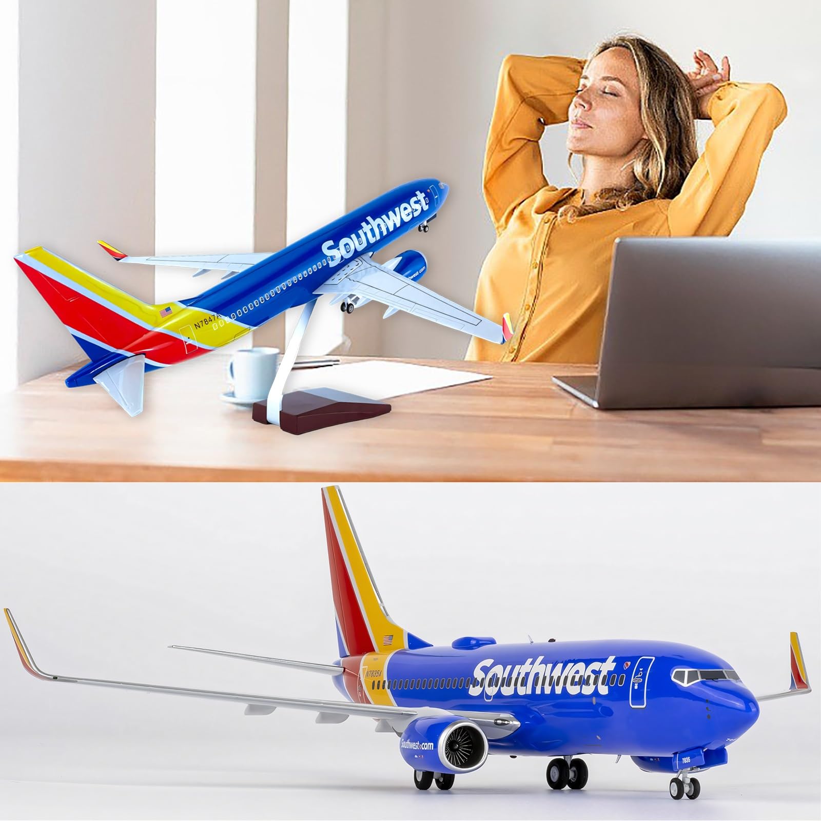 Modello simulazione lega solida Southwest Airlines B737 47 cm con carrello atterraggio retrattile, ruote girevoli luci, pezzo collezione for appassionati aviazione(No light)
