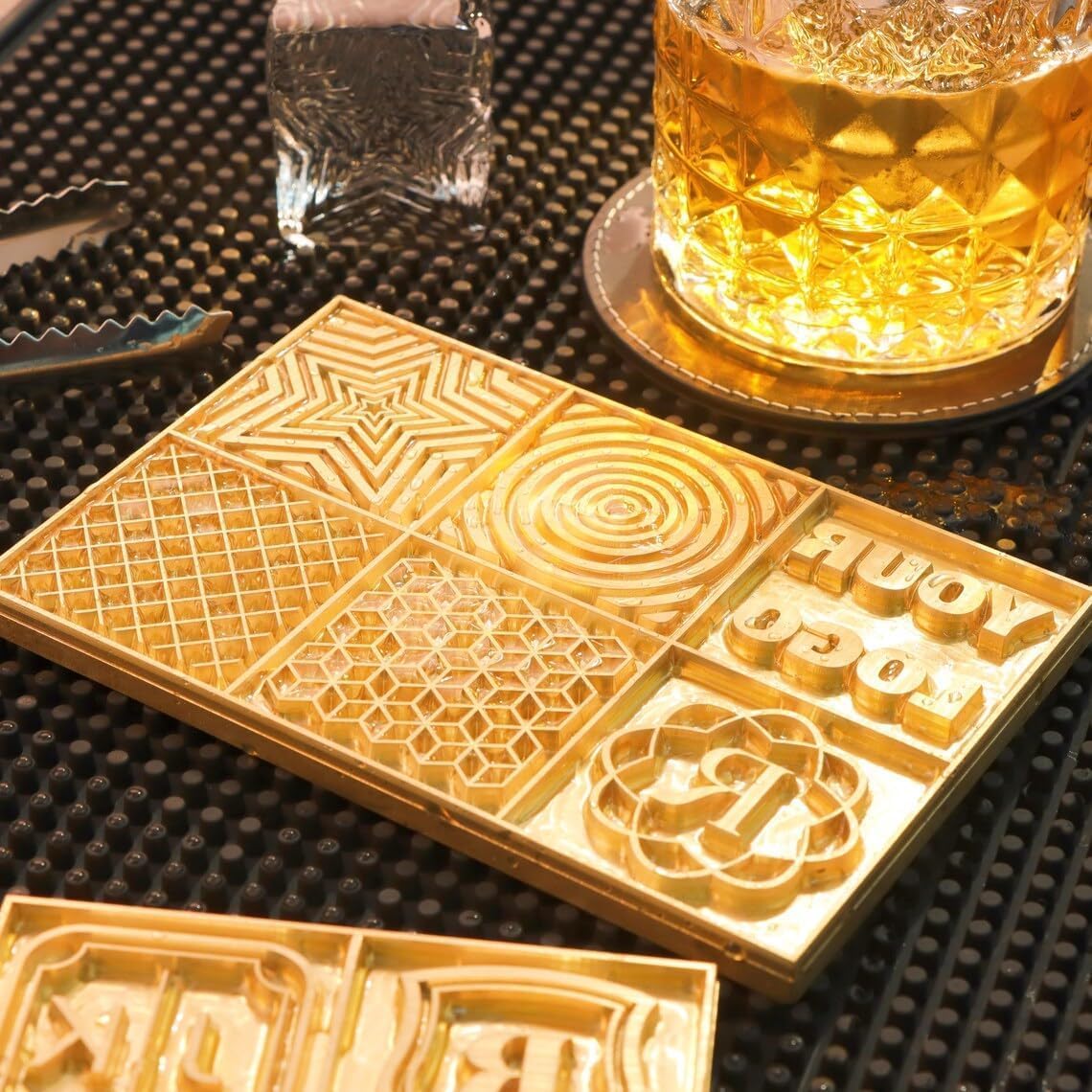Ice Stamp Tray for Cocktails & Whiskey - Brass Ice Cube Imprinter for Clear Ice Cubes -Ice Press Craft Modern Ice Molds Stamps -5 Style