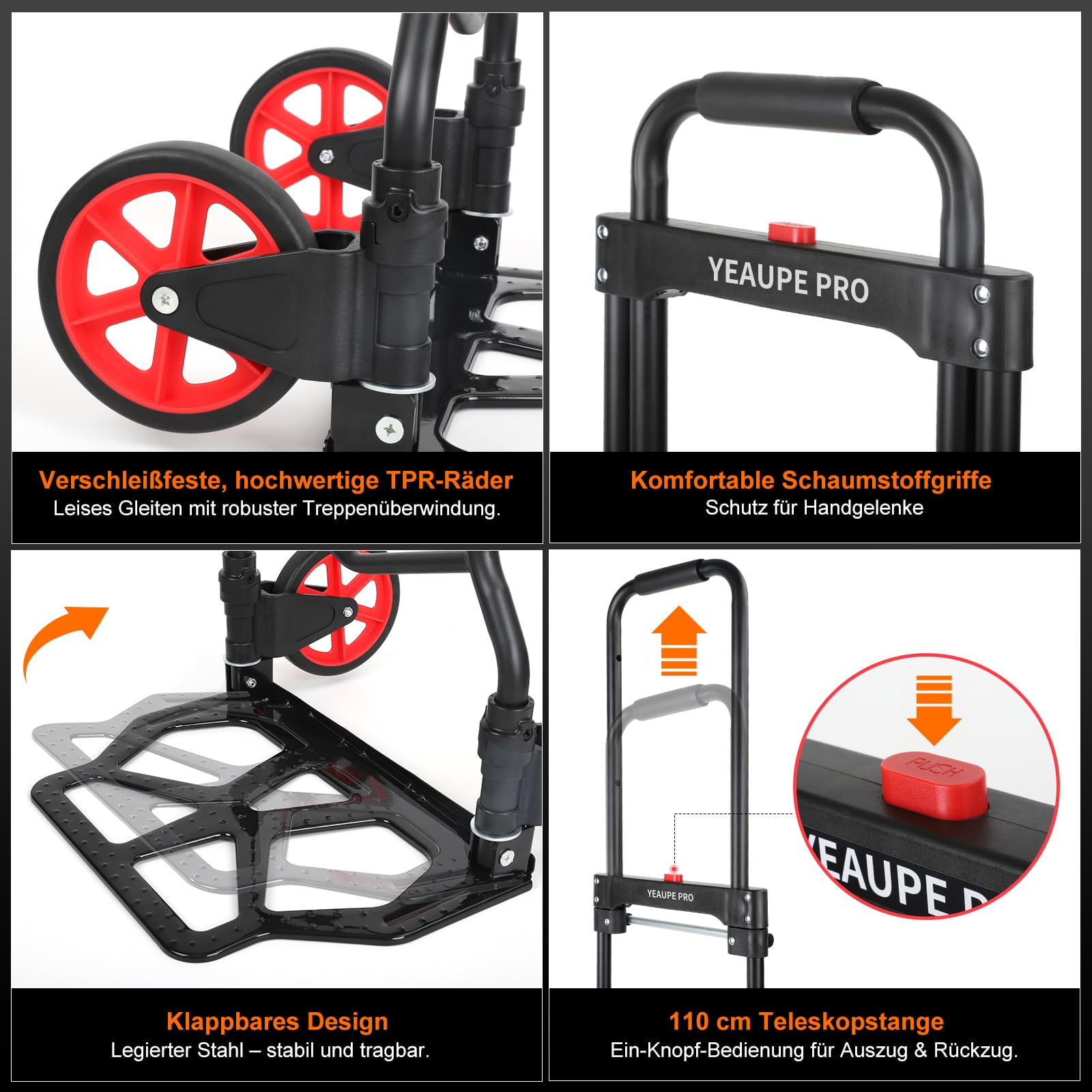 YEAUPE PRO Sackkarre Klappbar – 50 Kg Traglast, Höhenverstellbar, Einrad, Mit Spanngurten, Für Ebene Flächen