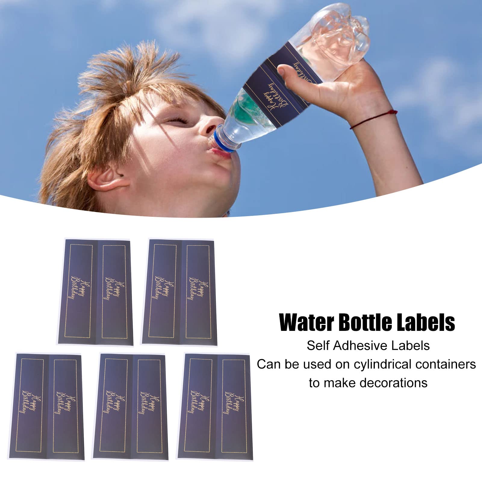 Pilipane 5PCS Water Bottle Labels, Personalized Labels, Watertight Labels for Bottles, Blue Happy Birthday Self Adhesive Water Bottle Decoration Labels for Party Birthday Engagement Party