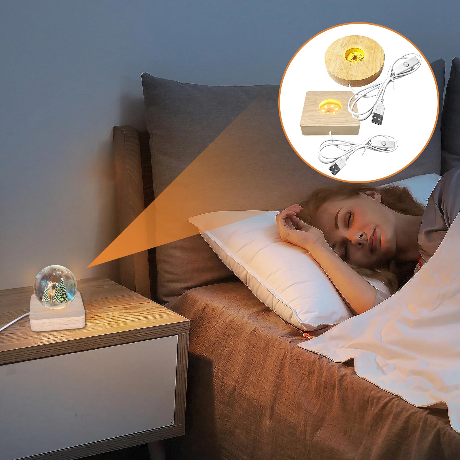 4 Socles Lumineux LED Bois - 7 Couleurs USB - Pour Cristal, Bijoux, Décorations