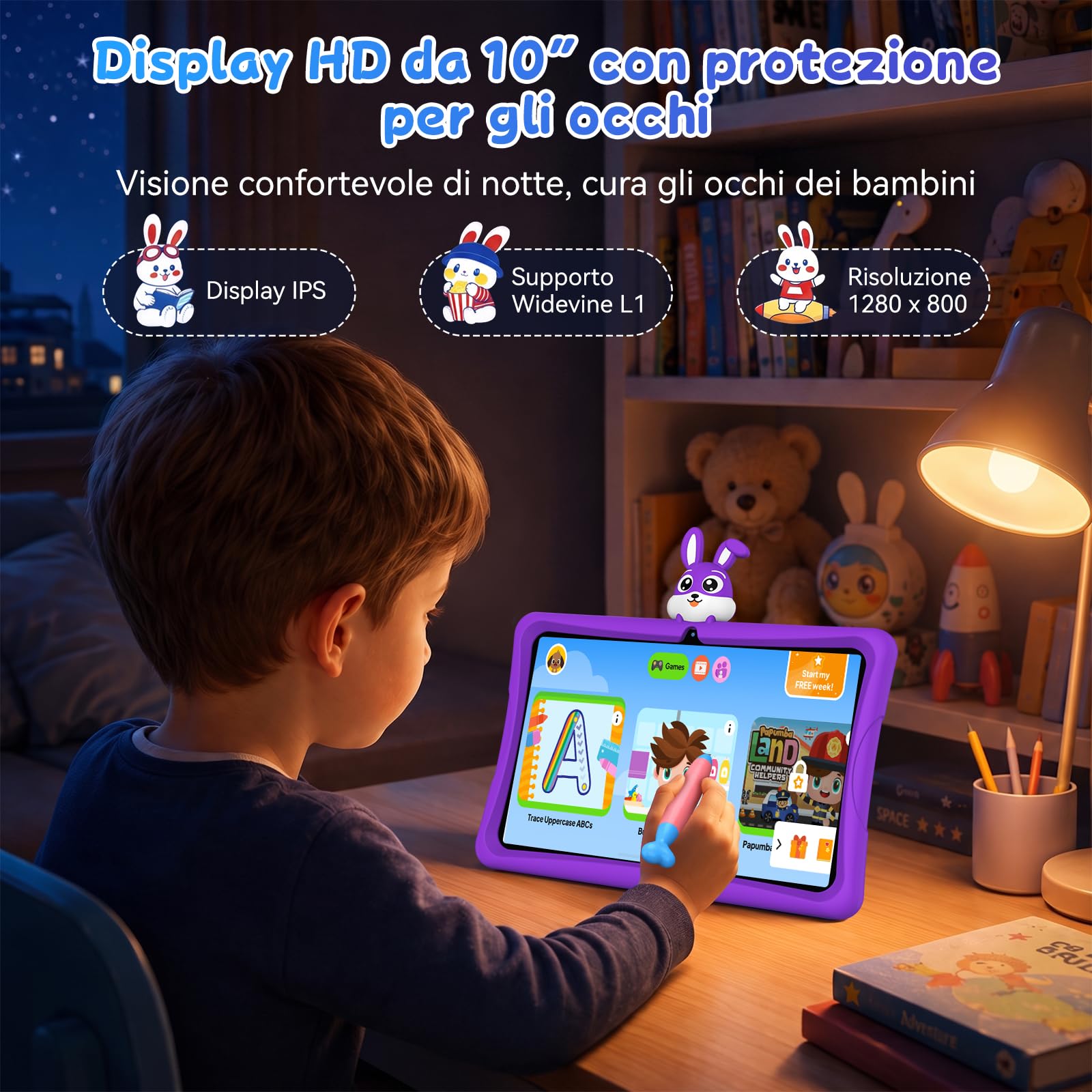 K10 Tablet per Bambini,Android 16 tablet 10 Pollici,16GBRAM+128GBROM,Viola