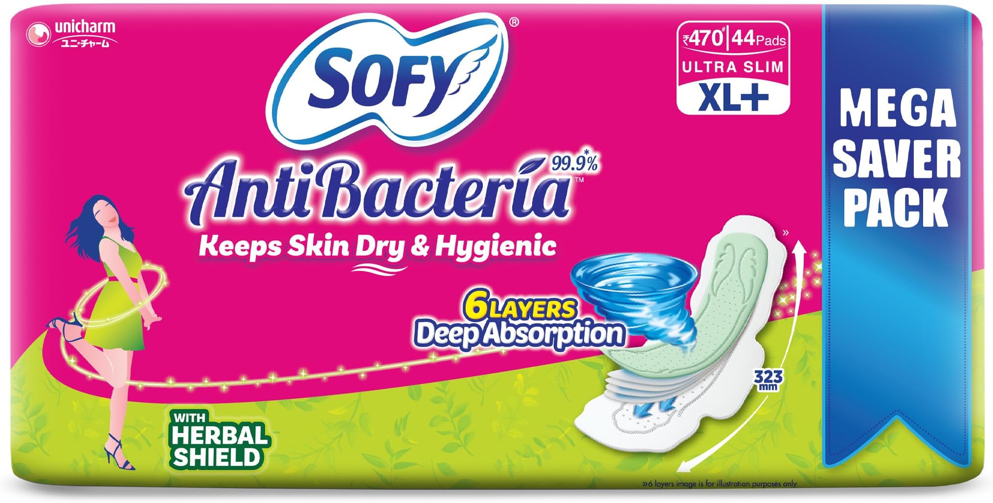 Sofy AntiBacteria XL+ - 323mm | 44 Countpads |For Women Sanitary Pads | Keep Skin Dry | 6 Layer Deep Absorption | Herbal Sheild | Hygiene & Herbs | XX-Large