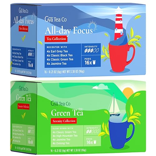 Gya Tea Co All Day Focus K Cups Paquete variado de cápsulas de té y té verde K Cups para Keurig 2.0 y 1.0