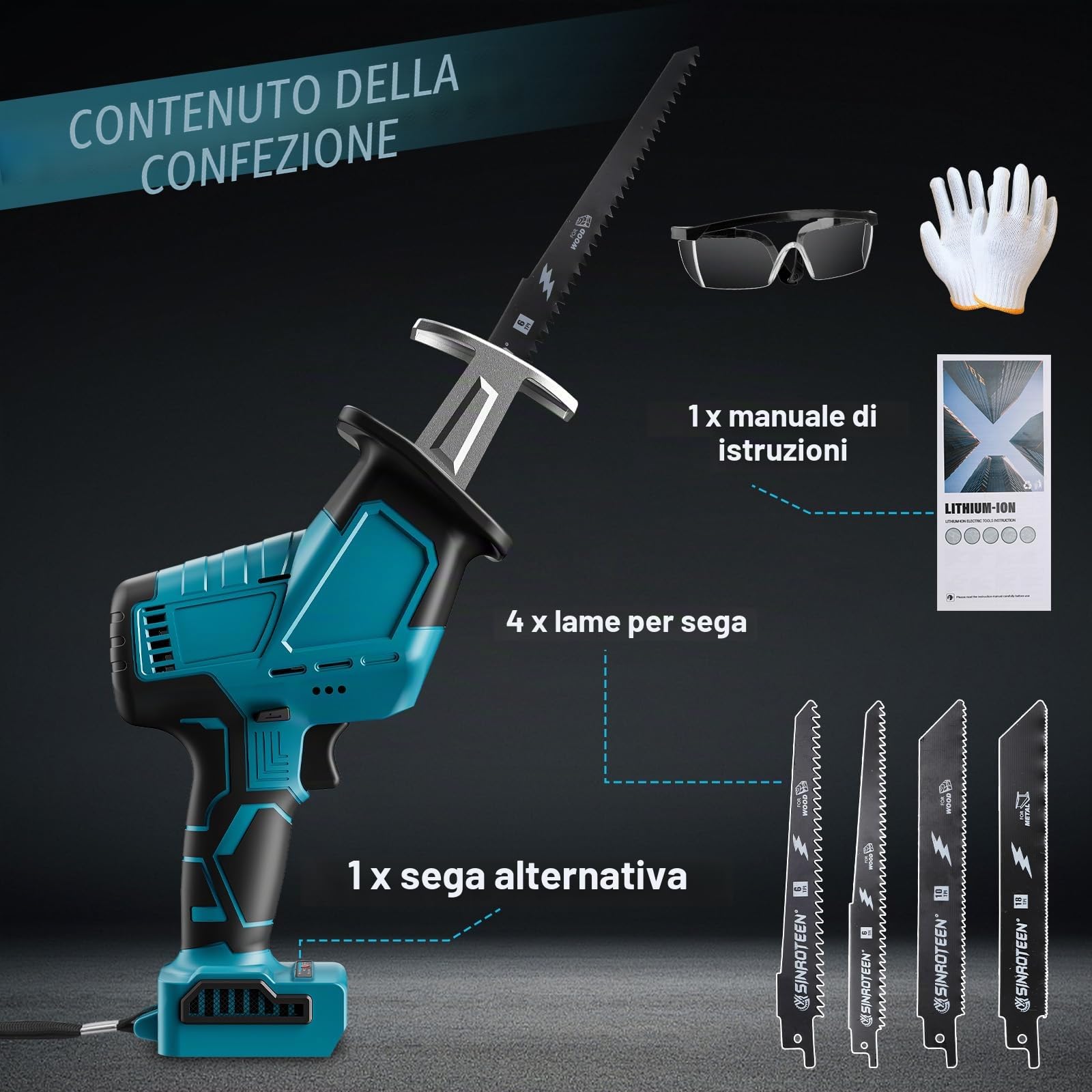 Sega recipro compatibile con Makita 18V Batterie, con 4 lame, sega a sciabola portatile per metallo, legno, tubi in PVC, taglio ad albero (Senza Caricatore)