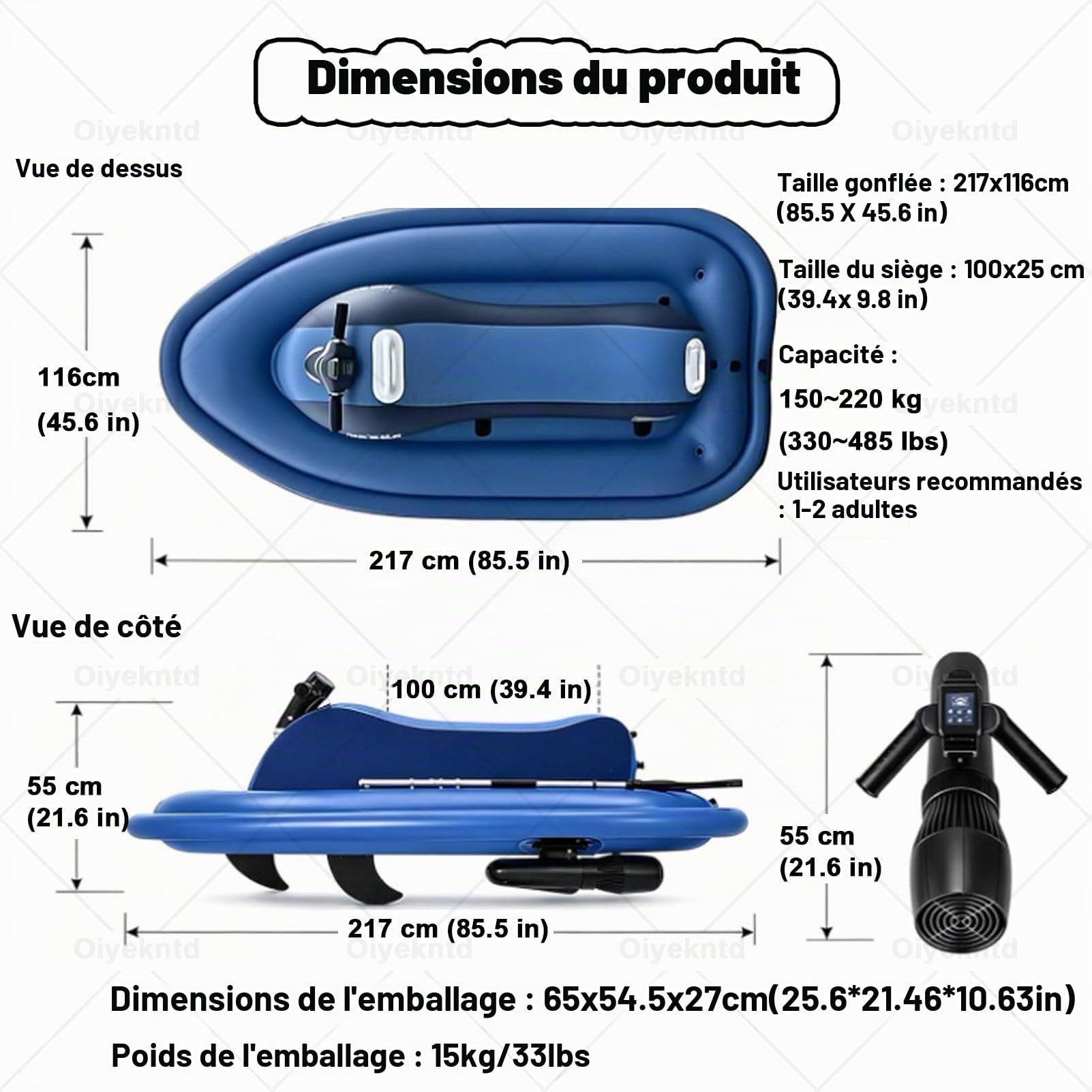 Jet-ski gonflable motorisé / Jet-boat électrique gonflable pour adultes avec moteur 500 W/700 W, capacité de charge max. 150 kg (330 lb), pour la mer, la piscine et les sports nautiques 500W16A